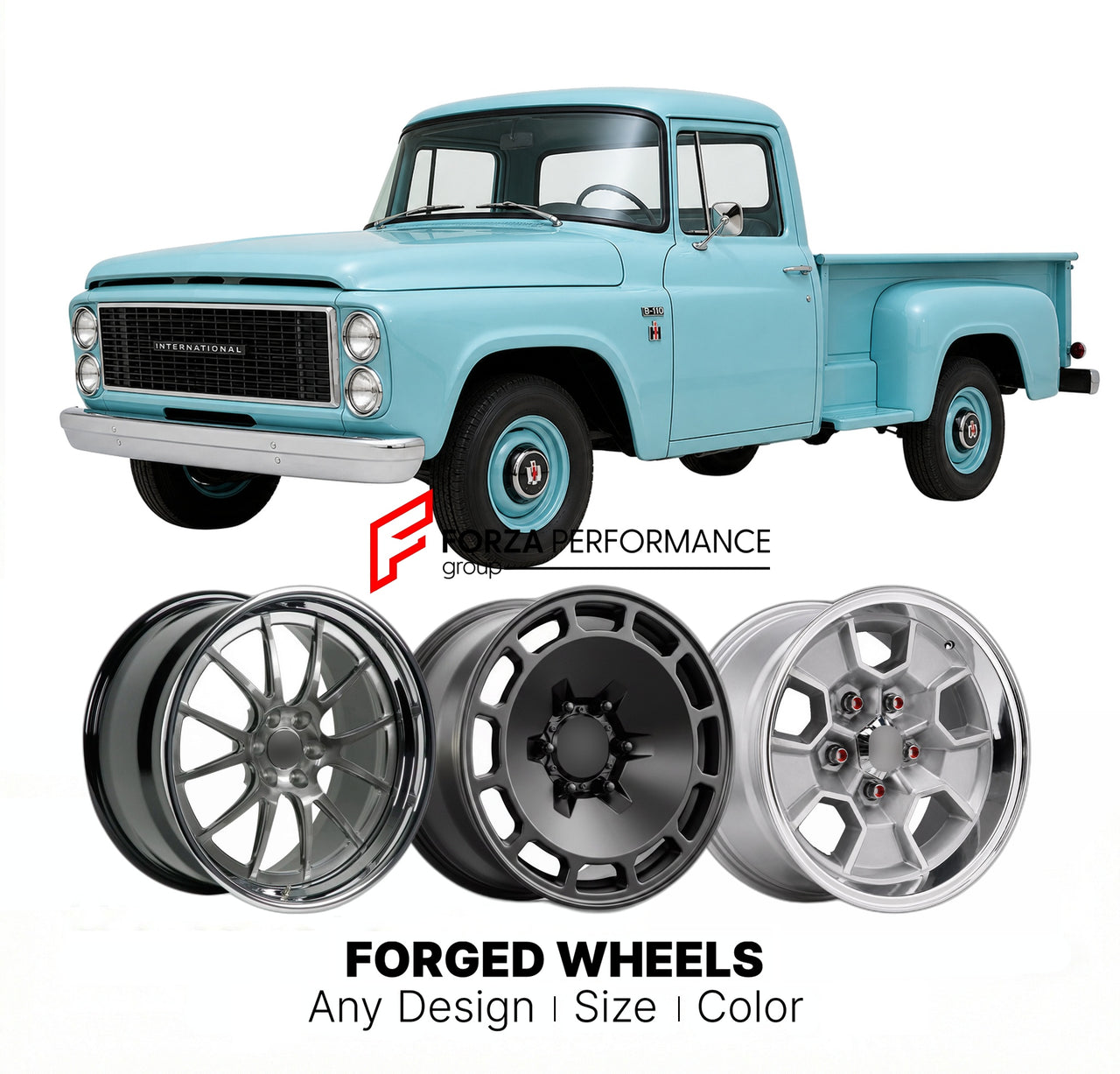 CUSTOM CLASSIC VINTAGE RESTOMOD RETRO OLD SCHOOL FORGED WHEELS RIMS for INTERNATIONAL HARVESTER B-110 1959 - 1960
Custom forged wheels for classic American muscle cars. Ideal for restomod builds, vintage restorations, and show cars. Deep dish and retro styling available.

We manufacture premium quality forged wheels rims for International Harvester B-110 1959 - 1960 in any design, size, color.

THIS WHEEL DESIGN CAN BE CUSTOM-MADE FOR YOUR CAR IN ANY SIZE AND COLOR OPTIONS
Available in monoblock, 2-piece, 3