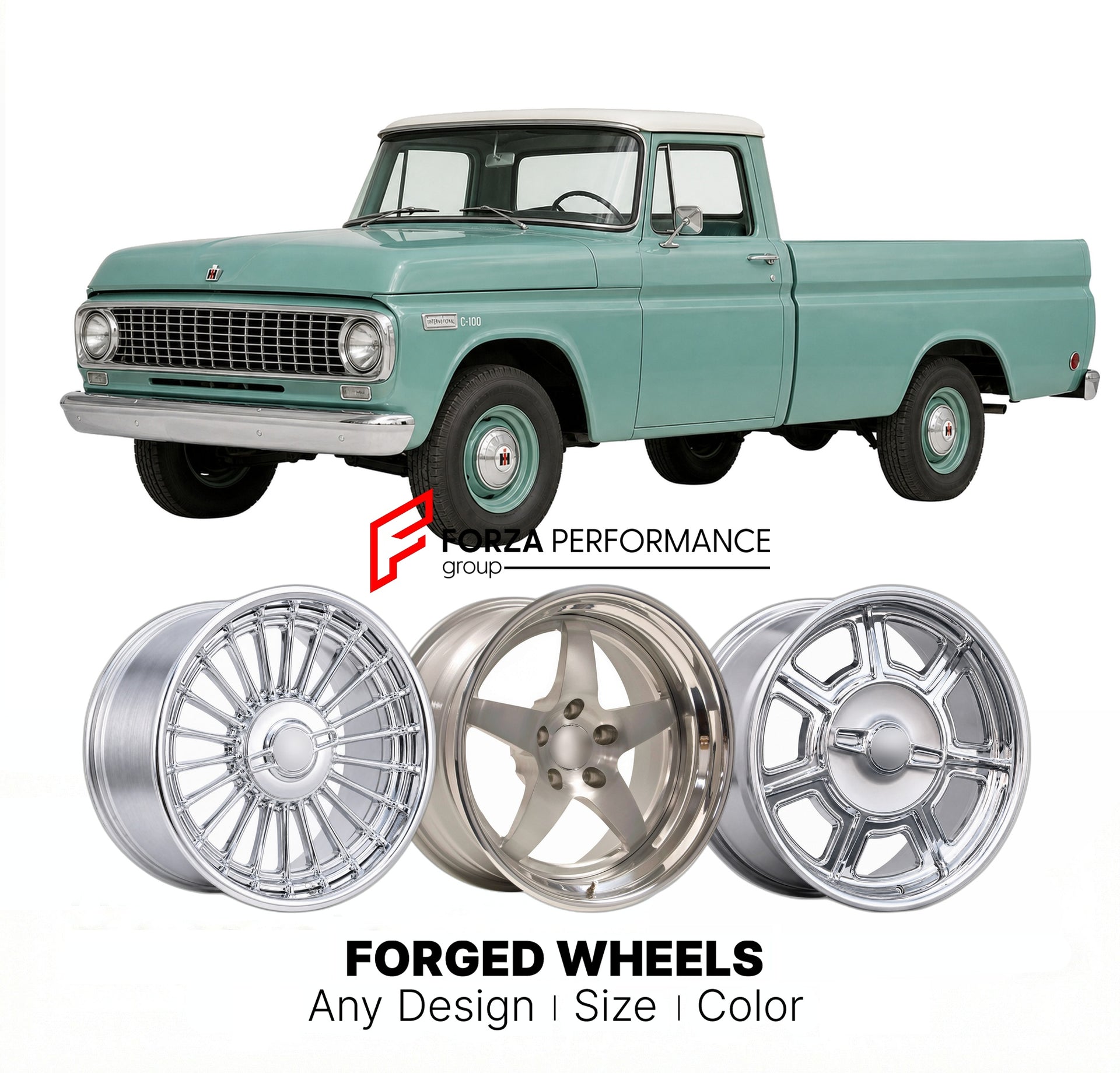 CUSTOM CLASSIC VINTAGE RESTOMOD RETRO OLD SCHOOL FORGED WHEELS RIMS for INTERNATIONAL HARVESTER C-100 1961 - 1964
Custom forged wheels for classic American muscle cars. Ideal for restomod builds, vintage restorations, and show cars. Deep dish and retro styling available.

We manufacture premium quality forged wheels rims for International Harvester C-100 1961 - 1964 in any design, size, color.

THIS WHEEL DESIGN CAN BE CUSTOM-MADE FOR YOUR CAR IN ANY SIZE AND COLOR OPTIONS
Available in monoblock, 2-piece, 3