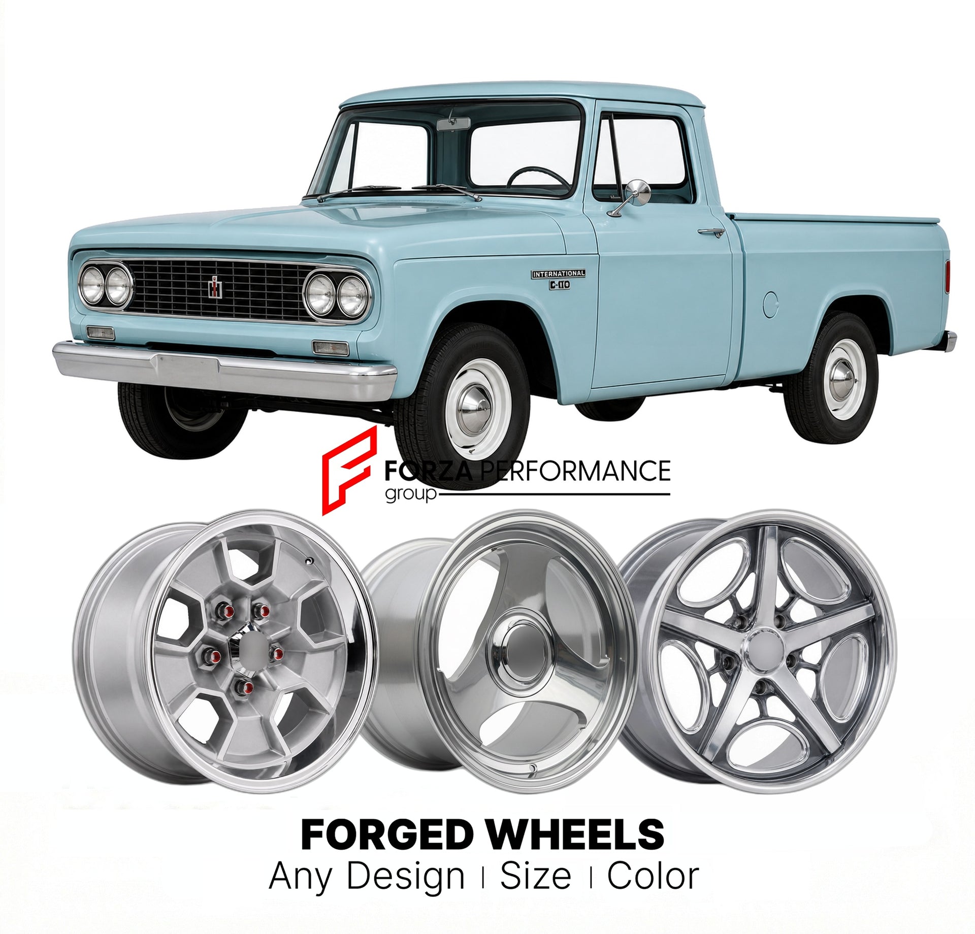 CUSTOM CLASSIC VINTAGE RESTOMOD RETRO OLD SCHOOL FORGED WHEELS RIMS for INTERNATIONAL HARVESTER C-110 1961 - 1964
Custom forged wheels for classic American muscle cars. Ideal for restomod builds, vintage restorations, and show cars. Deep dish and retro styling available.

We manufacture premium quality forged wheels rims for International Harvester C-110 1961 - 1964 in any design, size, color.

THIS WHEEL DESIGN CAN BE CUSTOM-MADE FOR YOUR CAR IN ANY SIZE AND COLOR OPTIONS
Available in monoblock, 2-piece, 3