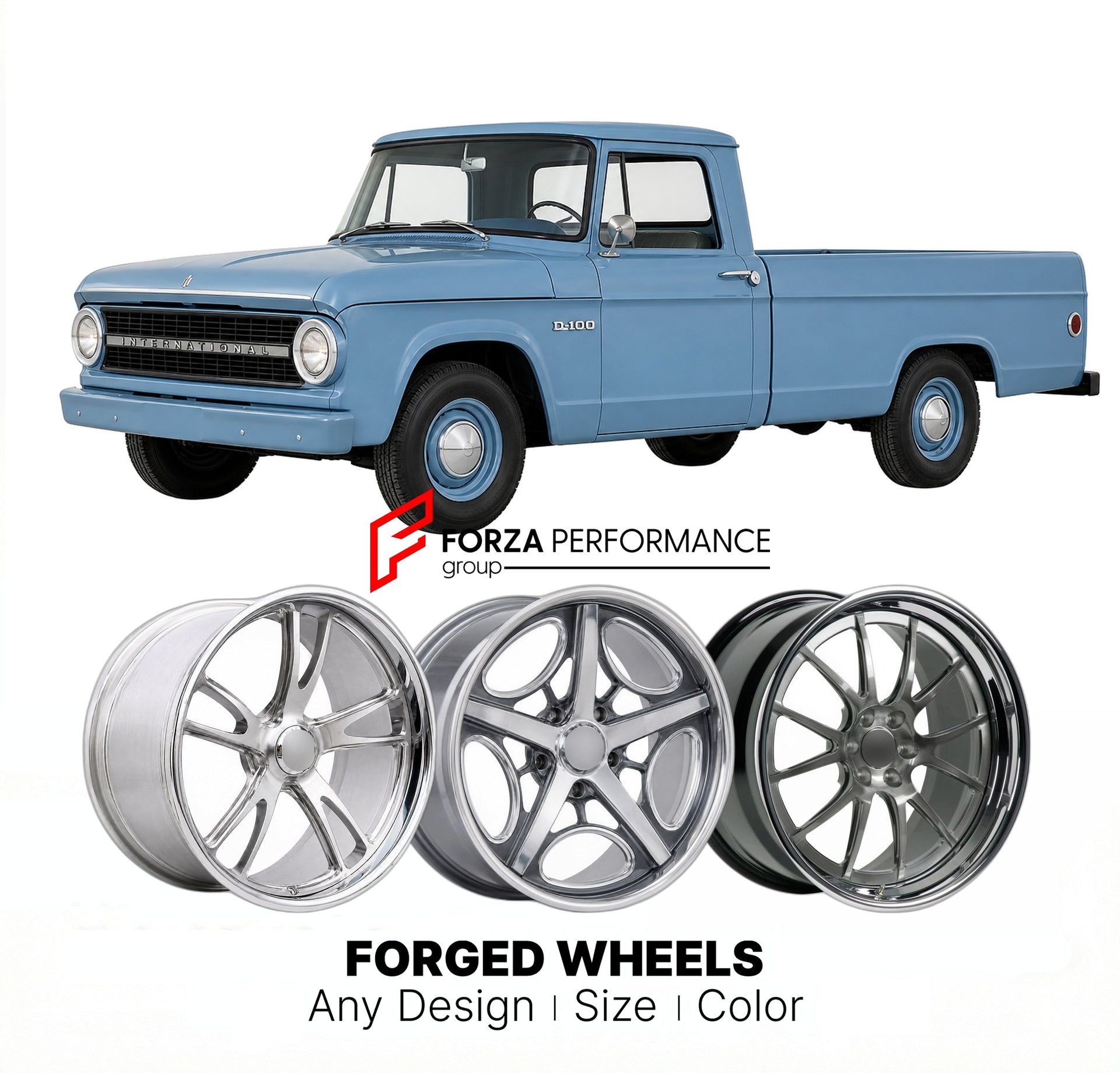 CUSTOM CLASSIC VINTAGE RESTOMOD RETRO OLD SCHOOL FORGED WHEELS RIMS for INTERNATIONAL HARVESTER D-100 1965
Custom forged wheels for classic American muscle cars. Ideal for restomod builds, vintage restorations, and show cars. Deep dish and retro styling available.

We manufacture premium quality forged wheels rims for International Harvester D-100 1965 in any design, size, color.

THIS WHEEL DESIGN CAN BE CUSTOM-MADE FOR YOUR CAR IN ANY SIZE AND COLOR OPTIONS
Available in monoblock, 2-piece, 3-piece, duoblo