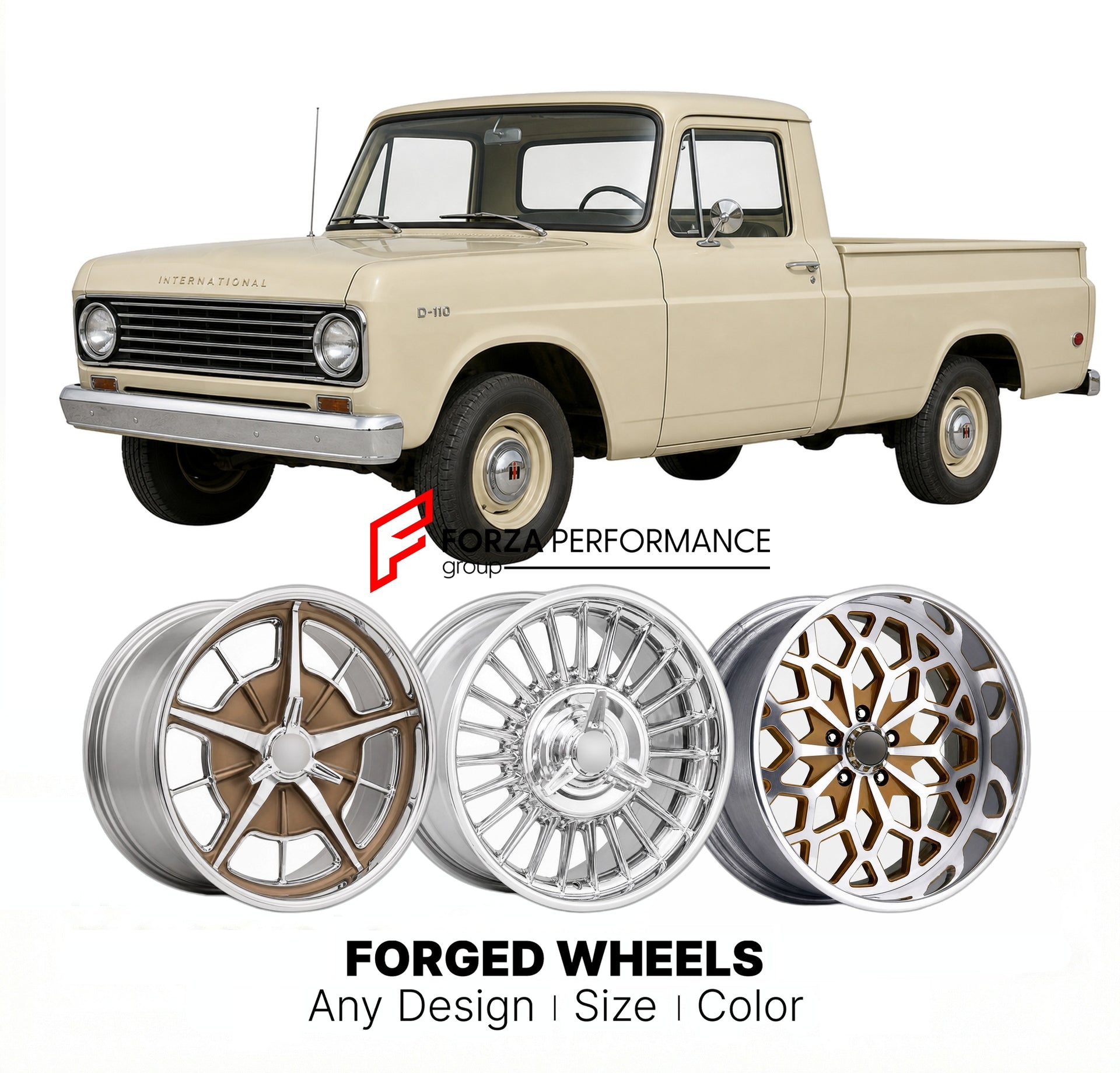 CUSTOM CLASSIC VINTAGE RESTOMOD RETRO OLD SCHOOL FORGED WHEELS RIMS for INTERNATIONAL HARVESTER D-110 1965
Custom forged wheels for classic American muscle cars. Ideal for restomod builds, vintage restorations, and show cars. Deep dish and retro styling available.

We manufacture premium quality forged wheels rims for International Harvester D-110 1965 in any design, size, color.

THIS WHEEL DESIGN CAN BE CUSTOM-MADE FOR YOUR CAR IN ANY SIZE AND COLOR OPTIONS
Available in monoblock, 2-piece, 3-piece, duoblo