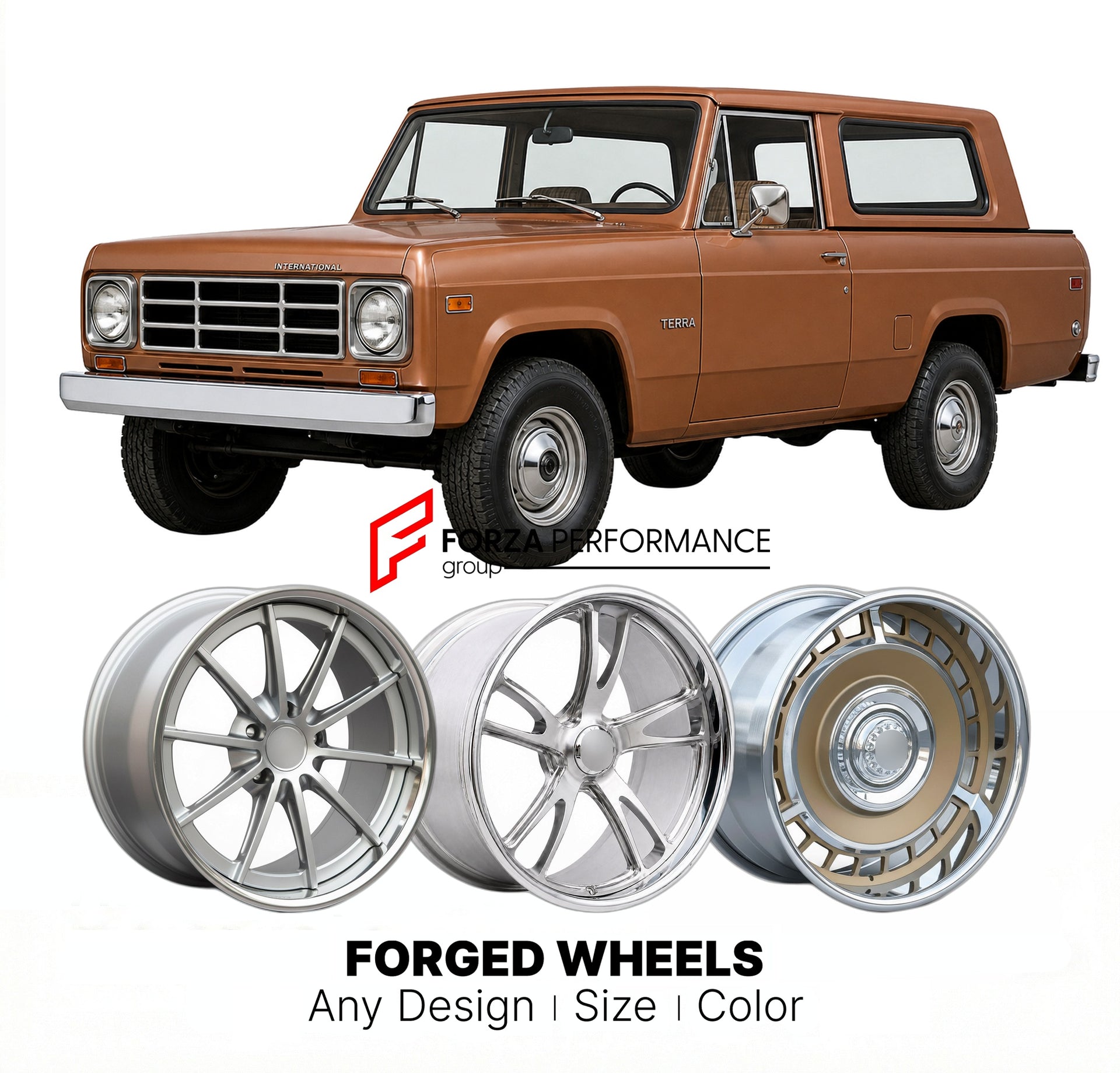 CUSTOM CLASSIC VINTAGE RESTOMOD RETRO OLD SCHOOL FORGED WHEELS RIMS for INTERNATIONAL HARVESTER TERRA 1976 - 1980
Custom forged wheels for classic American muscle cars. Ideal for restomod builds, vintage restorations, and show cars. Deep dish and retro styling available.

We manufacture premium quality forged wheels rims for International Harvester Terra 1976 - 1980 in any design, size, color.

THIS WHEEL DESIGN CAN BE CUSTOM-MADE FOR YOUR CAR IN ANY SIZE AND COLOR OPTIONS
Available in monoblock, 2-piece, 3