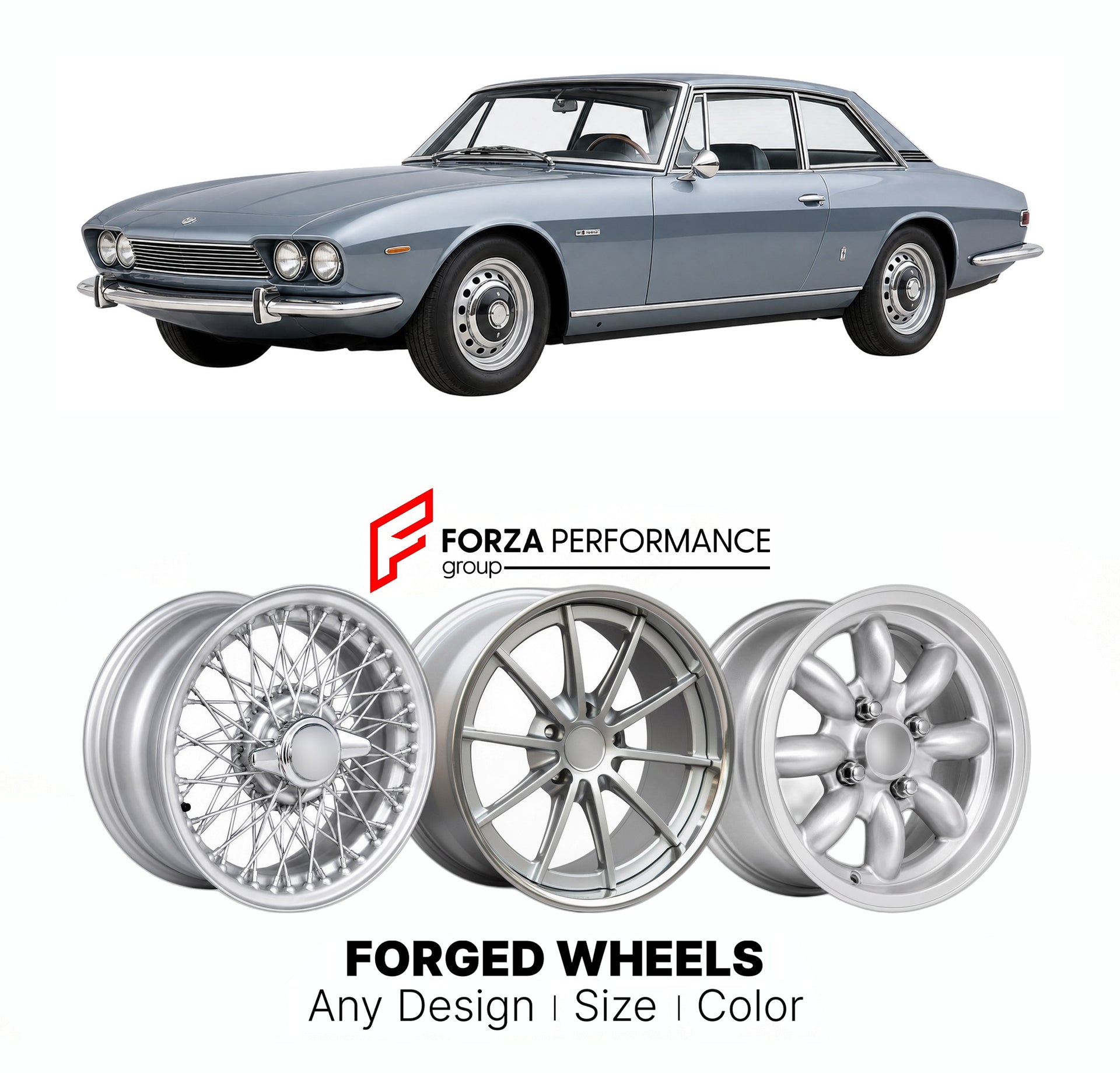 CUSTOM CLASSIC VINTAGE RESTOMOD RETRO OLD SCHOOL FORGED WHEELS RIMS for ISO RIVOLTA IR 300 1962 - 1970

Custom forged wheels for Iso Rivolta IR 300 1962 - 1970. Classic, vintage, restomod wheel designs made to order in custom sizes, offsets, colors and finishes.

We manufacture premium quality forged wheels rims for Iso Rivolta IR 300 1962 - 1970 in any design, size, color.

THIS WHEEL DESIGN CAN BE CUSTOM-MADE FOR YOUR CAR IN ANY SIZE AND COLOR OPTIONS
Available in monoblock, 2-piece, 3-piece, duoblock, be