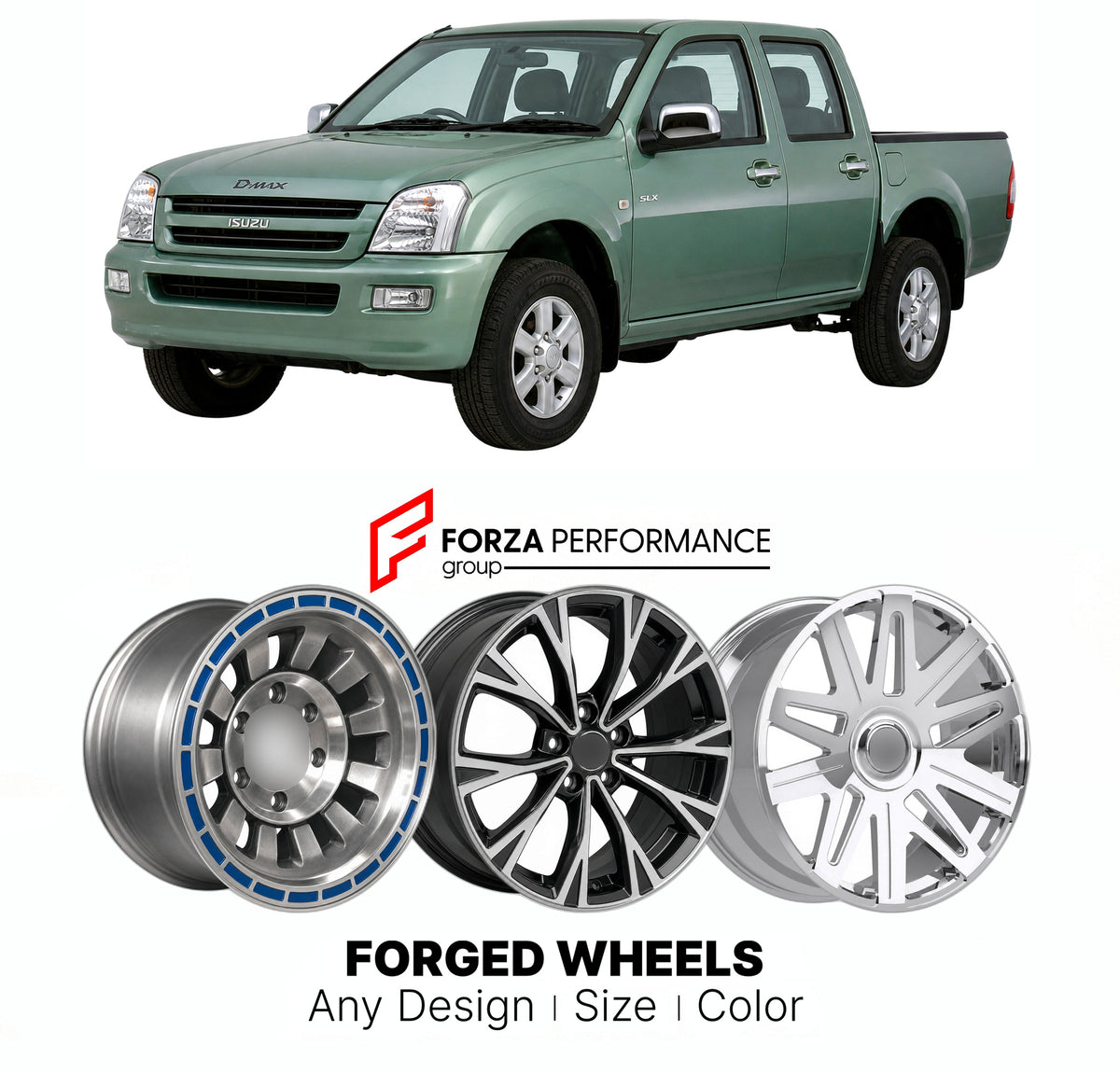 FORGED WHEELS RIMS for ISUZU D-MAX RA RC 2002 - 2006

Custom forged wheels for Isuzu D-MAX RA RC 2002 - 2006. Made-to-order monoblock, 2-piece and 3-piece rims in custom sizes, offsets, colors and finishes with guaranteed fitment.

We manufacture premium quality forged wheels rims for Isuzu D-MAX RA RC 2002 - 2006 in any design, size, color.

JDM WHEEL DESIGNS: our Japanese collection for SUVs and pickups includes designs inspired by Bradley V, Method Race Wheels, Forgiato, Kuhl Racing, Mugen, TRD, Rota, Wo