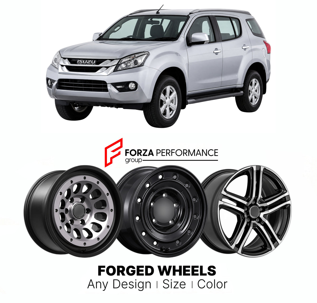 FORGED WHEELS RIMS for ISUZU MU-X RF 2013 - 2016

Custom forged wheels for Isuzu Mu-X RF 2013 - 2016. Made-to-order monoblock, 2-piece and 3-piece rims in custom sizes, offsets, colors and finishes with guaranteed fitment.

We manufacture premium quality forged wheels rims for Isuzu Mu-X RF 2013 - 2016 in any design, size, color.

JDM WHEEL DESIGNS: our Japanese collection for SUVs and pickups includes designs inspired by Bradley V, Method Race Wheels, Forgiato, Kuhl Racing, Mugen, TRD, Rota, Work Wheels, I