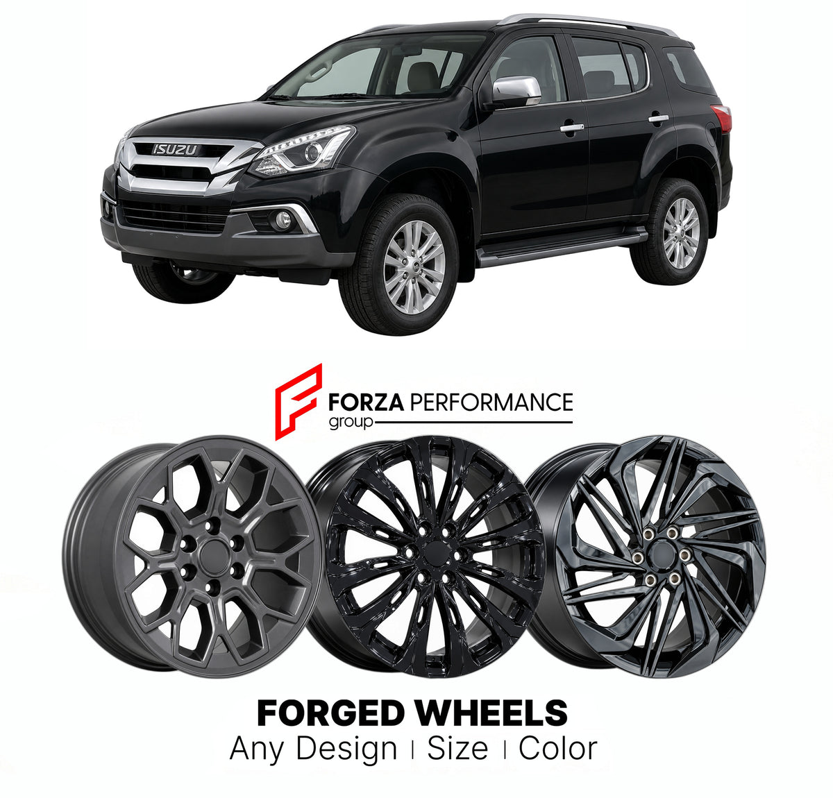 FORGED WHEELS RIMS for ISUZU MU-X RF FACELIFT 2017 - 2020

Custom forged wheels for Isuzu Mu-X RF Facelift 2017 - 2020. Made-to-order monoblock, 2-piece and 3-piece rims in custom sizes, offsets, colors and finishes with guaranteed fitment.

We manufacture premium quality forged wheels rims for Isuzu Mu-X RF Facelift 2017 - 2020 in any design, size, color.

JDM WHEEL DESIGNS: our Japanese collection for SUVs and pickups includes designs inspired by Bradley V, Method Race Wheels, Forgiato, Kuhl Racing, Mugen