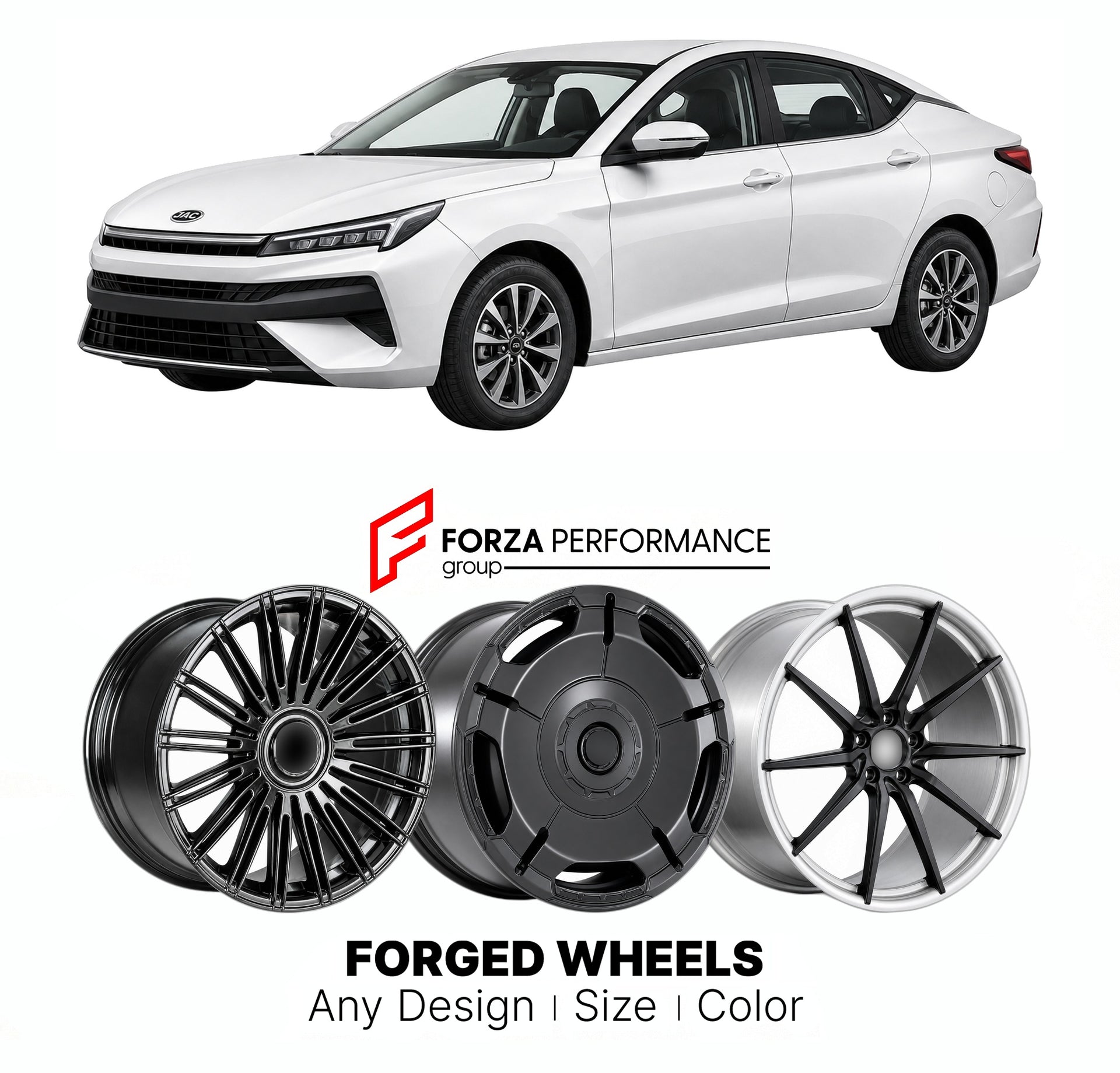 Custom forged wheels for JAC A5 Plus 2021+. Made-to-order monoblock, 2-piece and 3-piece wheels in custom sizes, offsets, colors and finishes with guaranteed vehicle fitment.

We manufacture premium quality forged wheels rims for JAC A5 Plus 2021+ in any design, size, color.

THIS WHEEL DESIGN CAN BE CUSTOM-MADE FOR YOUR CAR IN ANY SIZE AND COLOR OPTIONS
Available in monoblock, 2-piece, 3-piece, duoblock, beadlock
3D wheel renderings are provided according to the exact dimensions and specifications requeste
