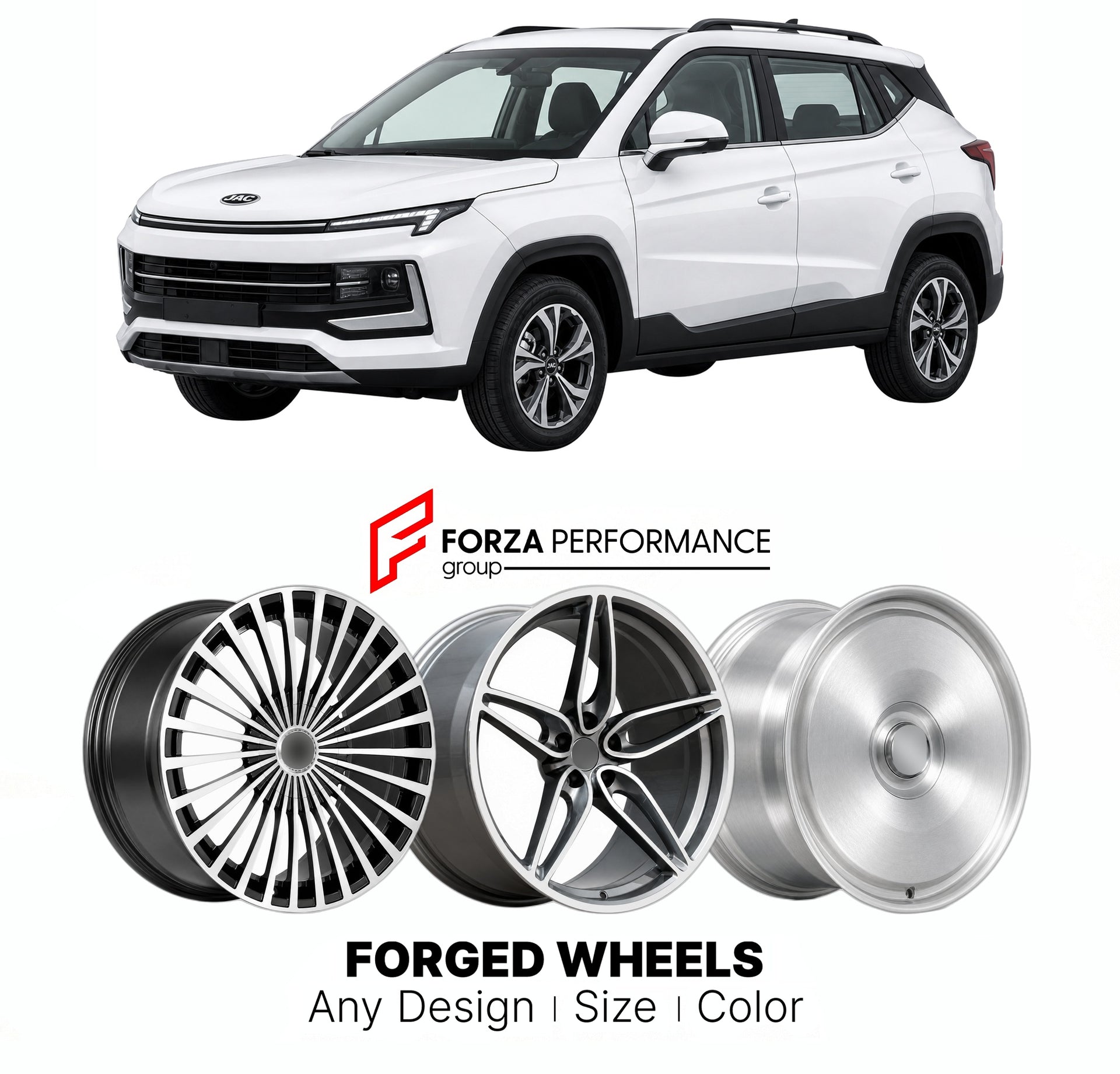 Custom forged wheels for JAC JS4 S4 2020+. Made-to-order monoblock, 2-piece and 3-piece wheels in custom sizes, offsets, colors and finishes with guaranteed vehicle fitment.

We manufacture premium quality forged wheels rims for JAC JS4 S4 2020+ in any design, size, color.

THIS WHEEL DESIGN CAN BE CUSTOM-MADE FOR YOUR CAR IN ANY SIZE AND COLOR OPTIONS
Available in monoblock, 2-piece, 3-piece, duoblock, beadlock
3D wheel renderings are provided according to the exact dimensions and specifications requested 