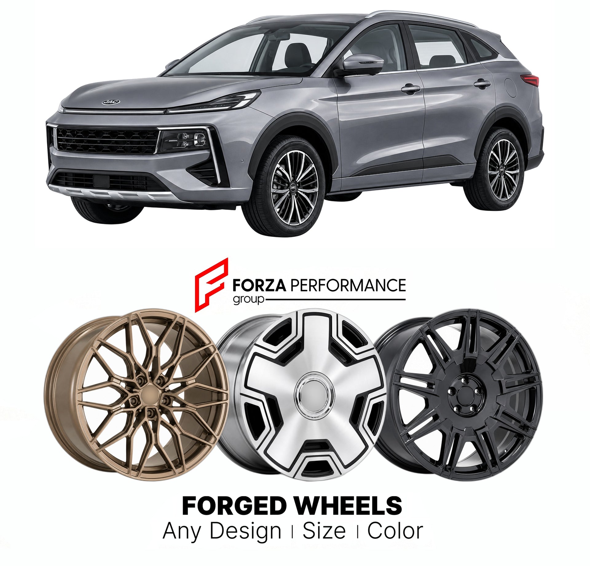 Custom forged wheels for JAC JS6 Sehol QX 2021+. Made-to-order monoblock, 2-piece and 3-piece wheels in custom sizes, offsets, colors and finishes with guaranteed vehicle fitment.

We manufacture premium quality forged wheels rims for JAC JS6 Sehol QX 2021+ in any design, size, color.

THIS WHEEL DESIGN CAN BE CUSTOM-MADE FOR YOUR CAR IN ANY SIZE AND COLOR OPTIONS
Available in monoblock, 2-piece, 3-piece, duoblock, beadlock
3D wheel renderings are provided according to the exact dimensions and specification