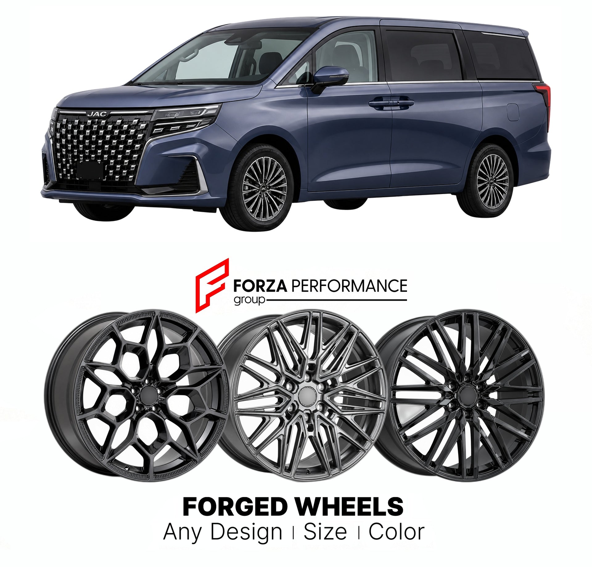 Custom forged wheels for JAC RF8 2023+. Made-to-order monoblock, 2-piece and 3-piece wheels in custom sizes, offsets, colors and finishes with guaranteed vehicle fitment.

We manufacture premium quality forged wheels rims for JAC RF8 2023+ in any design, size, color.

THIS WHEEL DESIGN CAN BE CUSTOM-MADE FOR YOUR CAR IN ANY SIZE AND COLOR OPTIONS
Available in monoblock, 2-piece, 3-piece, duoblock, beadlock
3D wheel renderings are provided according to the exact dimensions and specifications requested by the