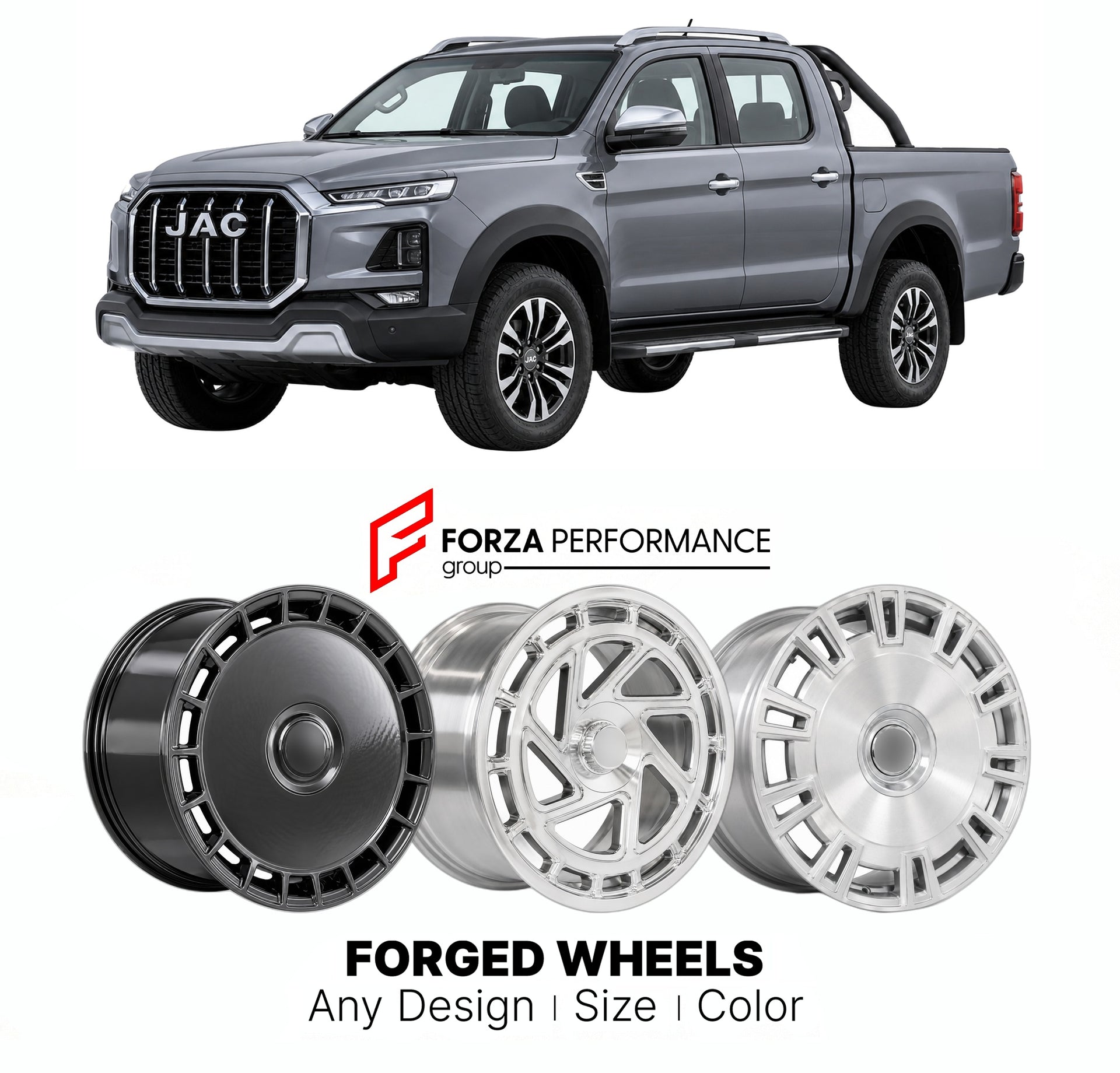Custom forged wheels for JAC T9 Hunter 2020+. Made-to-order monoblock, 2-piece and 3-piece wheels in custom sizes, offsets, colors and finishes with guaranteed vehicle fitment.

We manufacture premium quality forged wheels rims for JAC T9 Hunter 2020+ in any design, size, color.

THIS WHEEL DESIGN CAN BE CUSTOM-MADE FOR YOUR CAR IN ANY SIZE AND COLOR OPTIONS
Available in monoblock, 2-piece, 3-piece, duoblock, beadlock
3D wheel renderings are provided according to the exact dimensions and specifications requ