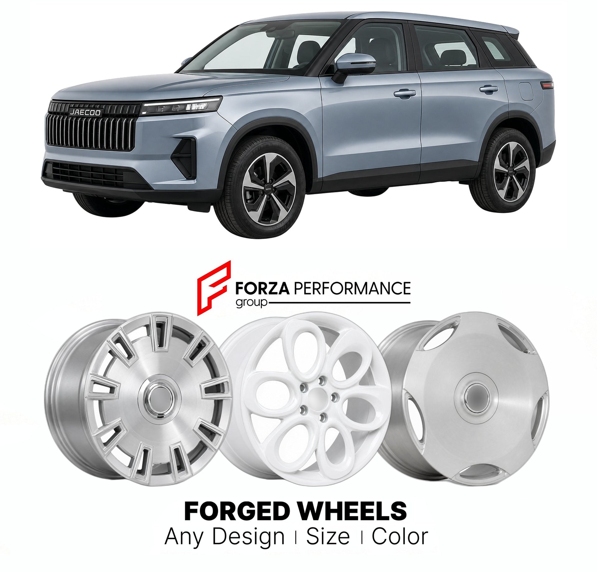 Custom forged wheels for Jaecoo Chery J5 2025+. Made-to-order monoblock, 2-piece and 3-piece wheels in custom sizes, offsets, colors and finishes with guaranteed vehicle fitment.

We manufacture premium quality forged wheels rims for Jaecoo Chery J5 2025+ in any design, size, color.

THIS WHEEL DESIGN CAN BE CUSTOM-MADE FOR YOUR CAR IN ANY SIZE AND COLOR OPTIONS
Available in monoblock, 2-piece, 3-piece, duoblock, beadlock
3D wheel renderings are provided according to the exact dimensions and specifications 
