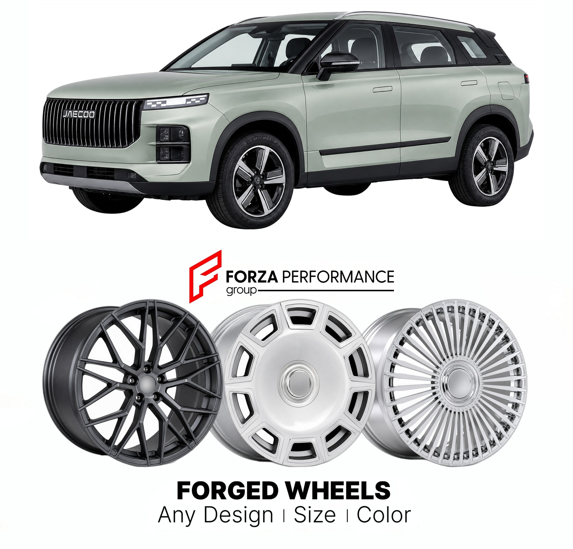 Custom forged wheels for Jaecoo Chery J7 2023+. Made-to-order monoblock, 2-piece and 3-piece wheels in custom sizes, offsets, colors and finishes with guaranteed vehicle fitment.

We manufacture premium quality forged wheels rims for Jaecoo Chery J7 2023+ in any design, size, color.

THIS WHEEL DESIGN CAN BE CUSTOM-MADE FOR YOUR CAR IN ANY SIZE AND COLOR OPTIONS
Available in monoblock, 2-piece, 3-piece, duoblock, beadlock
3D wheel renderings are provided according to the exact dimensions and specifications 