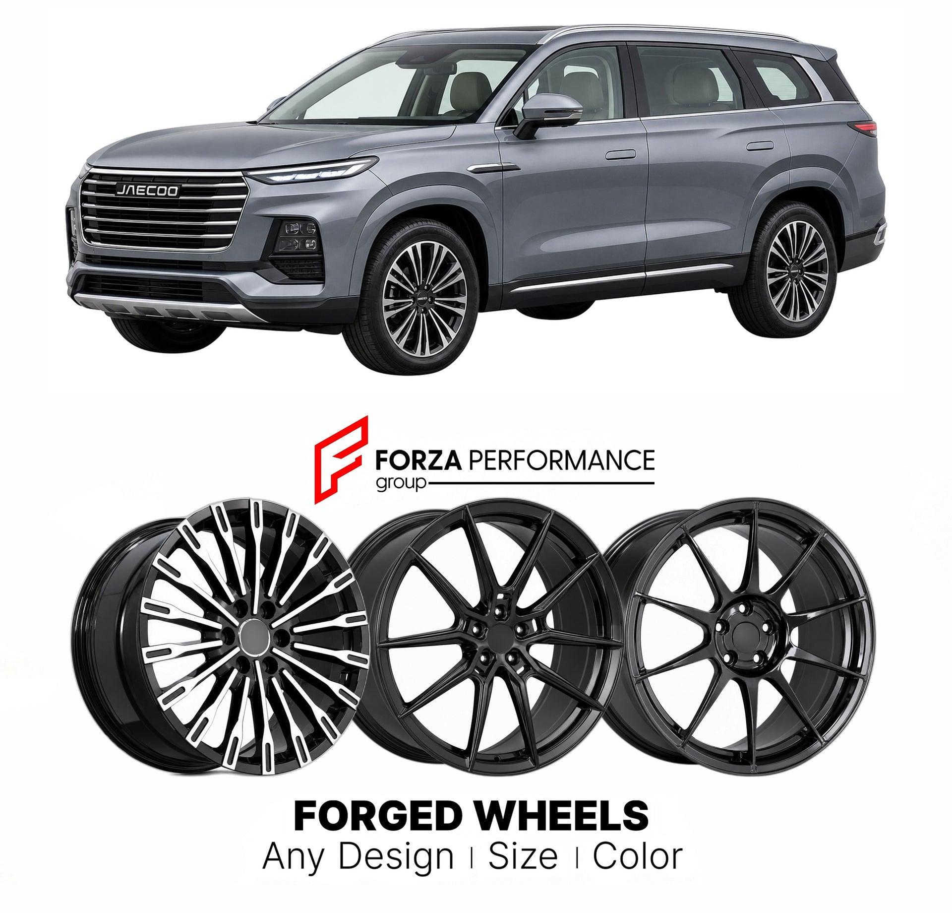 Custom forged wheels for Jaecoo Chery J8 2023+. Made-to-order monoblock, 2-piece and 3-piece wheels in custom sizes, offsets, colors and finishes with guaranteed vehicle fitment.

We manufacture premium quality forged wheels rims for Jaecoo Chery J8 2023+ in any design, size, color.

THIS WHEEL DESIGN CAN BE CUSTOM-MADE FOR YOUR CAR IN ANY SIZE AND COLOR OPTIONS
Available in monoblock, 2-piece, 3-piece, duoblock, beadlock
3D wheel renderings are provided according to the exact dimensions and specifications 