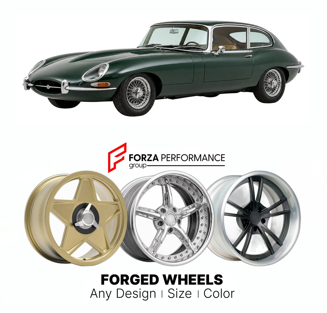 CUSTOM CLASSIC VINTAGE RESTOMOD RETRO OLD SCHOOL FORGED WHEELS RIMS for JAGUAR E-TYPE SERIES 1 2+2 SERIES 1 4.2 2+2 1966 - 1968

Custom forged wheels for Jaguar E-Type Series 1 2+2 Series 1 4.2 2+2 1966 - 1968. Classic, vintage, restomod wheel designs made to order in custom sizes, offsets, colors and finishes.

We manufacture premium quality forged wheels rims for Jaguar E-Type Series 1 2+2 Series 1 4.2 2+2 1966 - 1968 in any design, size, color.

THIS WHEEL DESIGN CAN BE CUSTOM-MADE FOR YOUR CAR IN ANY SI