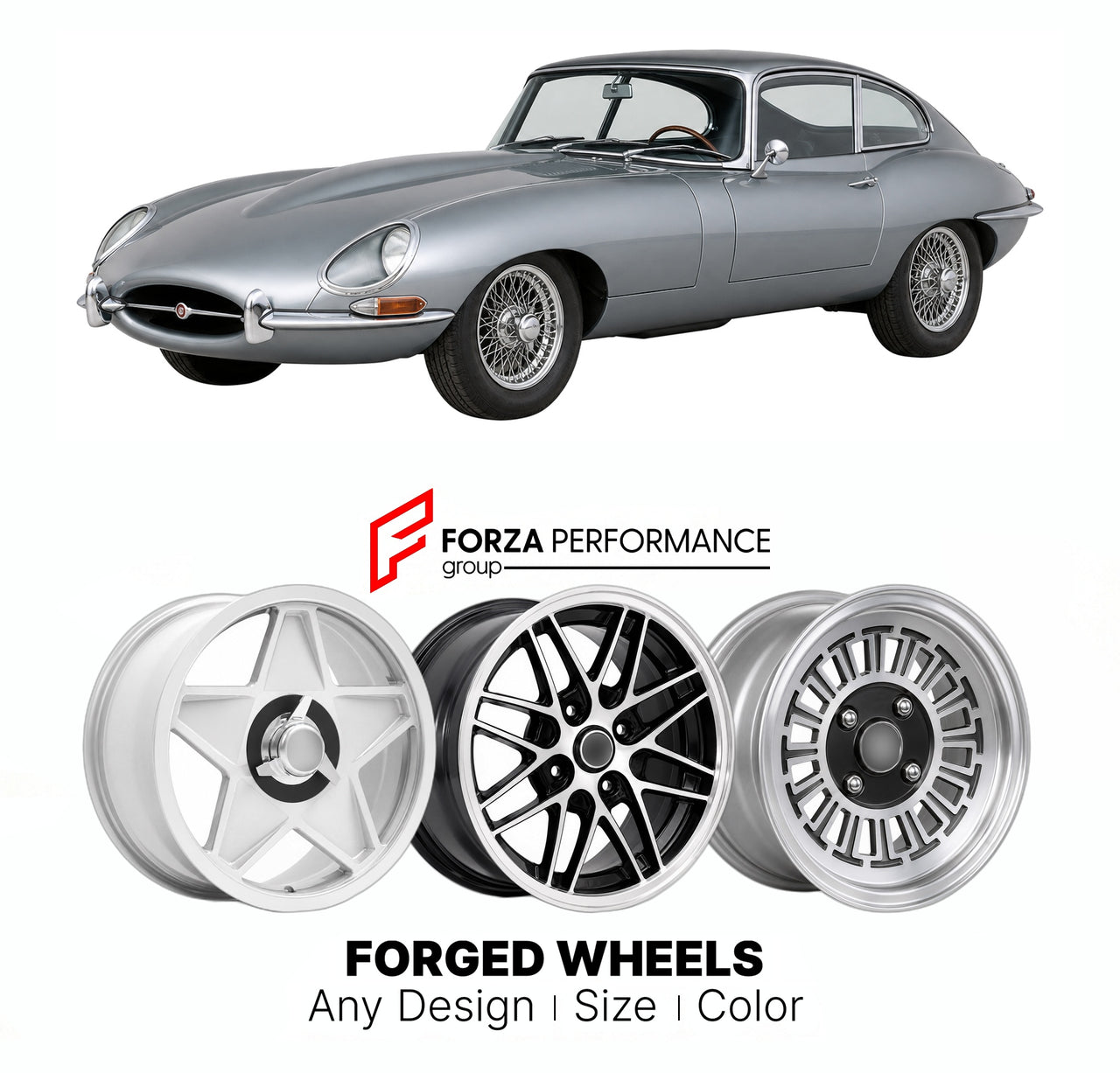 CUSTOM CLASSIC VINTAGE RESTOMOD RETRO OLD SCHOOL FORGED WHEELS RIMS for JAGUAR E-TYPE SERIES 1 4.2 1964 - 1968

Custom forged wheels for Jaguar E-Type Series 1 4.2 1964 - 1968. Classic, vintage, restomod wheel designs made to order in custom sizes, offsets, colors and finishes.

We manufacture premium quality forged wheels rims for Jaguar E-Type Series 1 4.2 1964 - 1968 in any design, size, color.

THIS WHEEL DESIGN CAN BE CUSTOM-MADE FOR YOUR CAR IN ANY SIZE AND COLOR OPTIONS
Available in monoblock, 2-piec