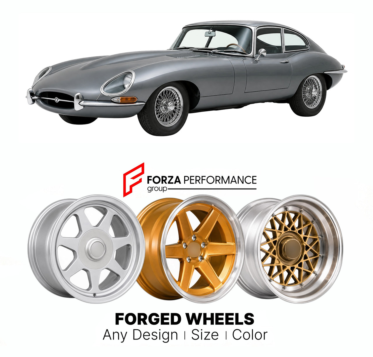 CUSTOM CLASSIC VINTAGE RESTOMOD RETRO OLD SCHOOL FORGED WHEELS RIMS for JAGUAR E-TYPE SERIES 1 4.2 COUPE XK 1964 - 1968

Custom forged wheels for Jaguar E-Type Series 1 4.2 Coupe XK 1964 - 1968. Classic, vintage, restomod wheel designs made to order in custom sizes, offsets, colors and finishes.

We manufacture premium quality forged wheels rims for Jaguar E-Type Series 1 4.2 Coupe XK 1964 - 1968 in any design, size, color.

THIS WHEEL DESIGN CAN BE CUSTOM-MADE FOR YOUR CAR IN ANY SIZE AND COLOR OPTIONS
Ava