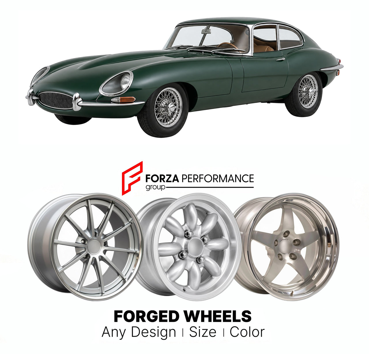 CUSTOM CLASSIC VINTAGE RESTOMOD RETRO OLD SCHOOL FORGED WHEELS RIMS for JAGUAR E-TYPE SERIES 2 1968 - 1971

Custom forged wheels for Jaguar E-Type Series 2 1968 - 1971. Classic, vintage, restomod wheel designs made to order in custom sizes, offsets, colors and finishes.

We manufacture premium quality forged wheels rims for Jaguar E-Type Series 2 1968 - 1971 in any design, size, color.

THIS WHEEL DESIGN CAN BE CUSTOM-MADE FOR YOUR CAR IN ANY SIZE AND COLOR OPTIONS
Available in monoblock, 2-piece, 3-piece, 