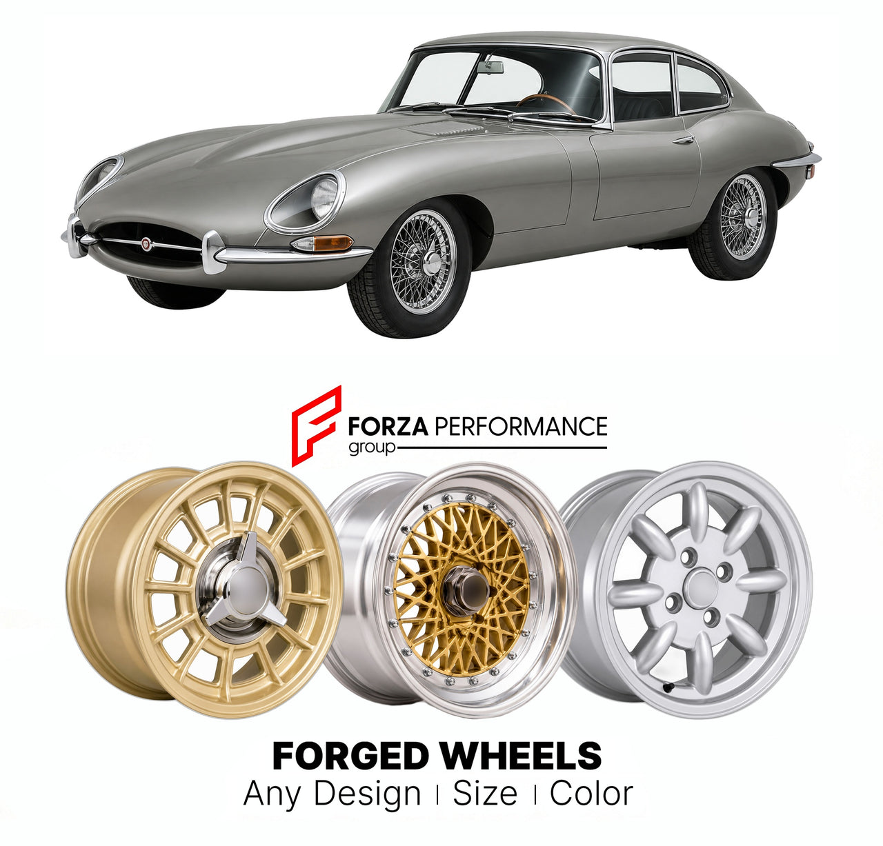 CUSTOM CLASSIC VINTAGE RESTOMOD RETRO OLD SCHOOL FORGED WHEELS RIMS for JAGUAR E-TYPE SERIES 2 FHC SERIES 2 4.2 COUPE 1968 - 1971

Custom forged wheels for Jaguar E-Type Series 2 FHC Series 2 4.2 Coupe 1968 - 1971. Classic, vintage, restomod wheel designs made to order in custom sizes, offsets, colors and finishes.

We manufacture premium quality forged wheels rims for Jaguar E-Type Series 2 FHC Series 2 4.2 Coupe 1968 - 1971 in any design, size, color.

THIS WHEEL DESIGN CAN BE CUSTOM-MADE FOR YOUR CAR IN 