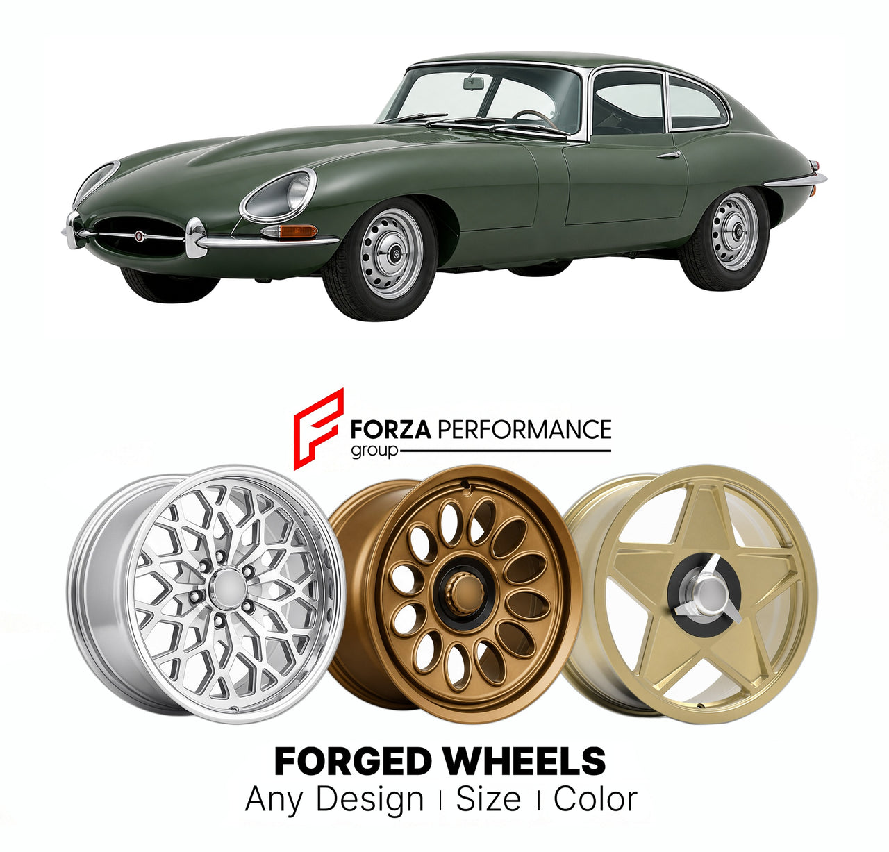CUSTOM CLASSIC VINTAGE RESTOMOD RETRO OLD SCHOOL FORGED WHEELS RIMS for JAGUAR E-TYPE SERIES 2 XK 1968 - 1971

Custom forged wheels for Jaguar E-Type Series 2 XK 1968 - 1971. Classic, vintage, restomod wheel designs made to order in custom sizes, offsets, colors and finishes.

We manufacture premium quality forged wheels rims for Jaguar E-Type Series 2 XK 1968 - 1971 in any design, size, color.

THIS WHEEL DESIGN CAN BE CUSTOM-MADE FOR YOUR CAR IN ANY SIZE AND COLOR OPTIONS
Available in monoblock, 2-piece, 