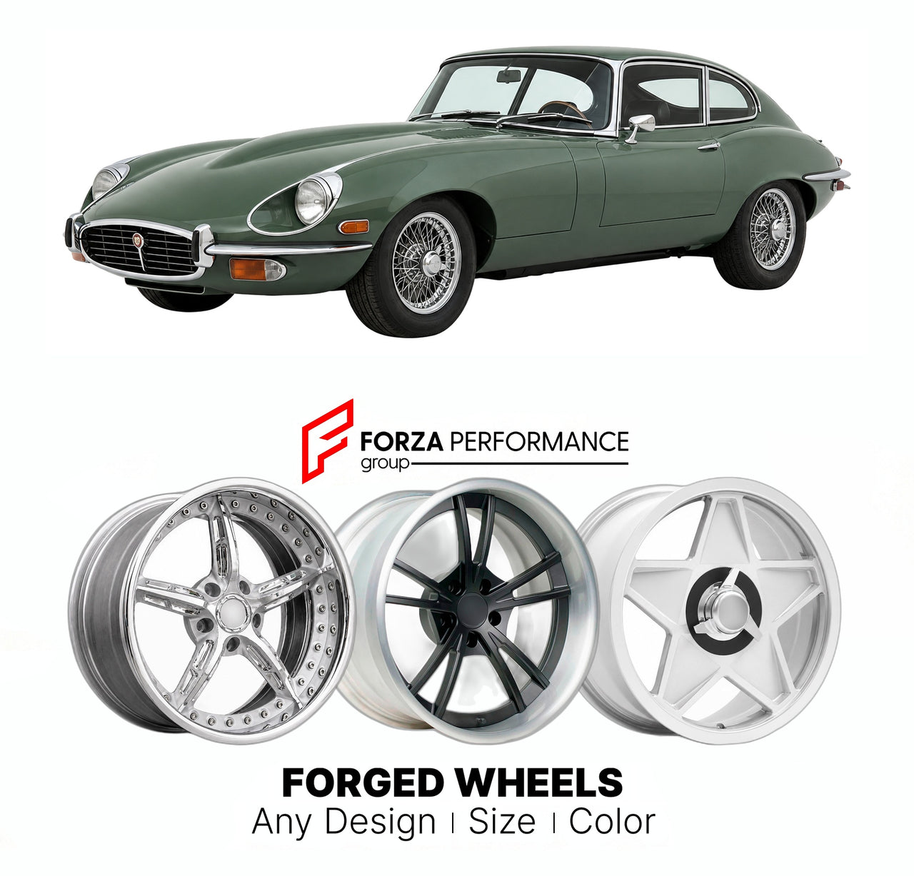 CUSTOM CLASSIC VINTAGE RESTOMOD RETRO OLD SCHOOL FORGED WHEELS RIMS for JAGUAR E-TYPE SERIES 3 1971 - 1974

Custom forged wheels for Jaguar E-Type Series 3 1971 - 1974. Classic, vintage, restomod wheel designs made to order in custom sizes, offsets, colors and finishes.

We manufacture premium quality forged wheels rims for Jaguar E-Type Series 3 1971 - 1974 in any design, size, color.

THIS WHEEL DESIGN CAN BE CUSTOM-MADE FOR YOUR CAR IN ANY SIZE AND COLOR OPTIONS
Available in monoblock, 2-piece, 3-piece, 