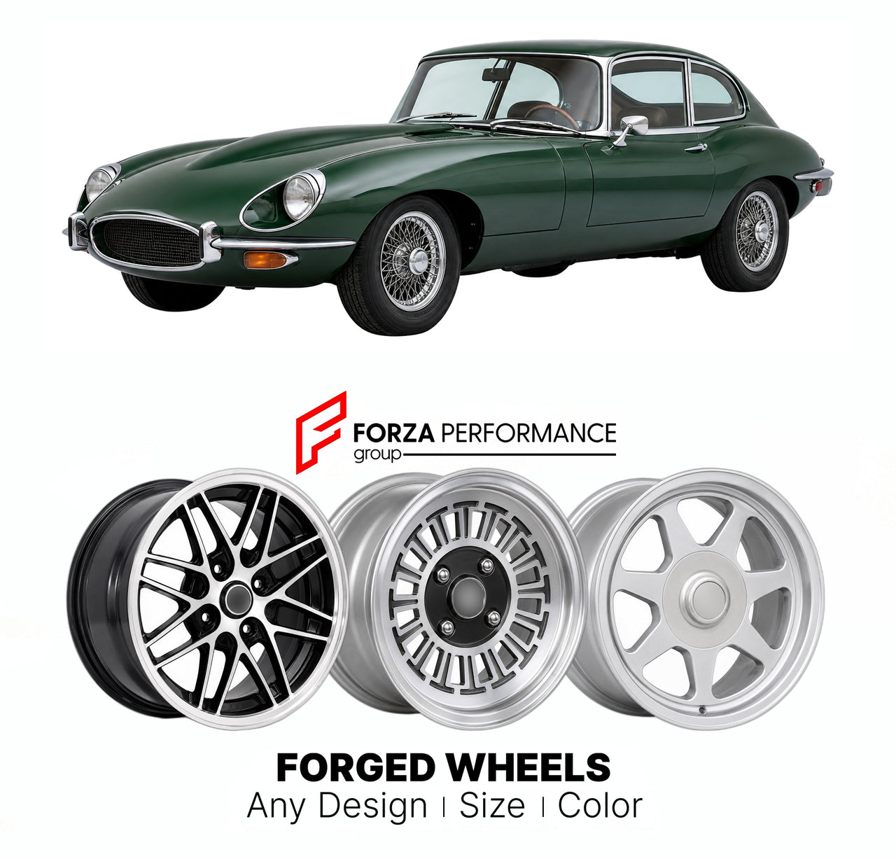 CUSTOM CLASSIC VINTAGE RESTOMOD RETRO OLD SCHOOL FORGED WHEELS RIMS for JAGUAR E-TYPE SERIES 3 1971 - 1975

Custom forged wheels for Jaguar E-Type Series 3 1971 - 1975. Classic, vintage, restomod wheel designs made to order in custom sizes, offsets, colors and finishes.

We manufacture premium quality forged wheels rims for Jaguar E-Type Series 3 1971 - 1975 in any design, size, color.

THIS WHEEL DESIGN CAN BE CUSTOM-MADE FOR YOUR CAR IN ANY SIZE AND COLOR OPTIONS
Available in monoblock, 2-piece, 3-piece, 