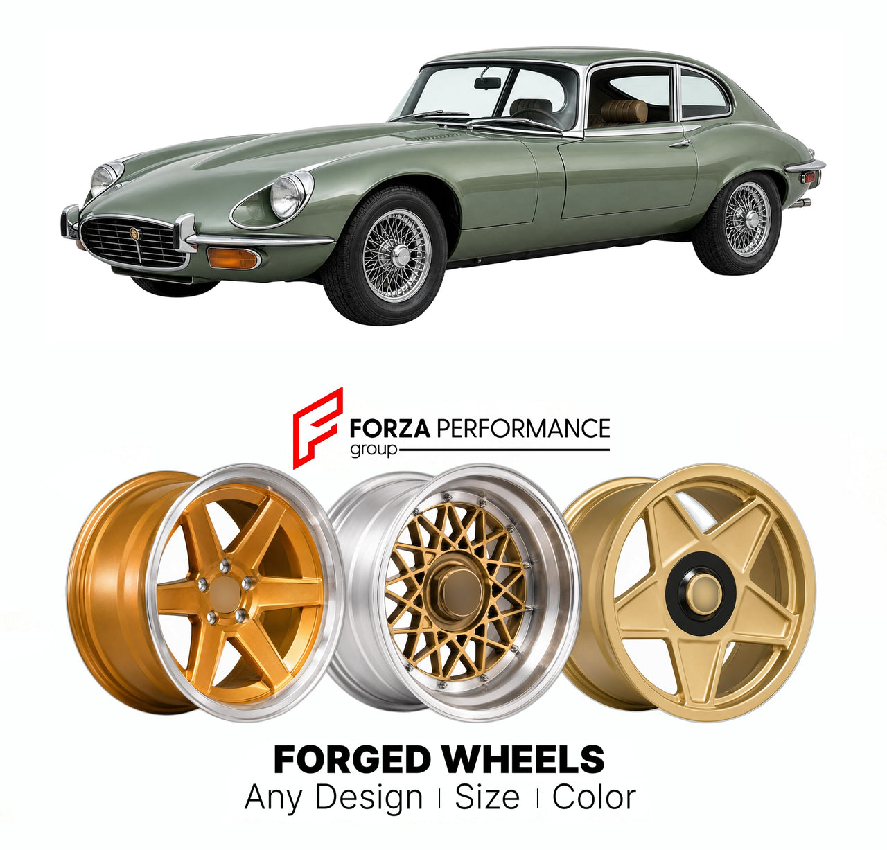 CUSTOM CLASSIC VINTAGE RESTOMOD RETRO OLD SCHOOL FORGED WHEELS RIMS for JAGUAR E-TYPE SERIES 3 V12 XK 1971 - 1974

Custom forged wheels for Jaguar E-Type Series 3 V12 XK 1971 - 1974. Classic, vintage, restomod wheel designs made to order in custom sizes, offsets, colors and finishes.

We manufacture premium quality forged wheels rims for Jaguar E-Type Series 3 V12 XK 1971 - 1974 in any design, size, color.

THIS WHEEL DESIGN CAN BE CUSTOM-MADE FOR YOUR CAR IN ANY SIZE AND COLOR OPTIONS
Available in monobloc