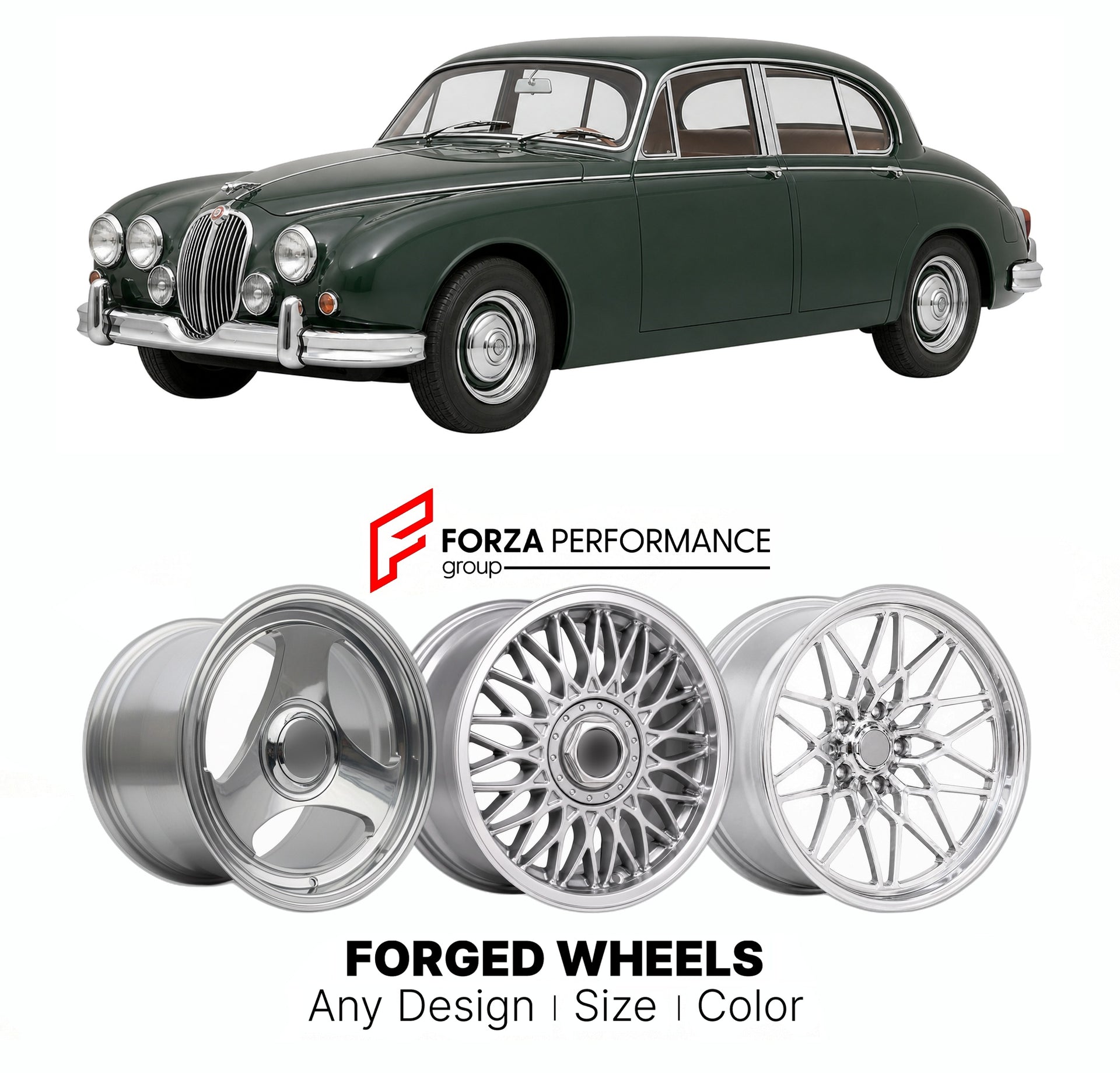 CUSTOM CLASSIC VINTAGE RESTOMOD RETRO OLD SCHOOL FORGED WHEELS RIMS for JAGUAR MK 2 1959 - 1967

Custom forged wheels for Jaguar MK 2 1959 - 1967. Classic, vintage, restomod wheel designs made to order in custom sizes, offsets, colors and finishes.

We manufacture premium quality forged wheels rims for Jaguar MK 2 1959 - 1967 in any design, size, color.

THIS WHEEL DESIGN CAN BE CUSTOM-MADE FOR YOUR CAR IN ANY SIZE AND COLOR OPTIONS
Available in monoblock, 2-piece, 3-piece, duoblock, beadlock
3D wheel rende