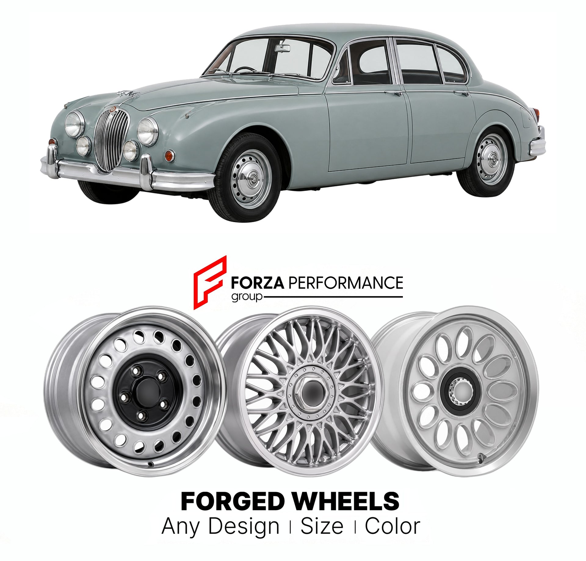 CUSTOM CLASSIC VINTAGE RESTOMOD RETRO OLD SCHOOL FORGED WHEELS RIMS for JAGUAR MK 2 240 340 1959 - 1969

Custom forged wheels for Jaguar MK 2 240 340 1959 - 1969. Classic, vintage, restomod wheel designs made to order in custom sizes, offsets, colors and finishes.

We manufacture premium quality forged wheels rims for Jaguar MK 2 240 340 1959 - 1969 in any design, size, color.

THIS WHEEL DESIGN CAN BE CUSTOM-MADE FOR YOUR CAR IN ANY SIZE AND COLOR OPTIONS
Available in monoblock, 2-piece, 3-piece, duoblock,