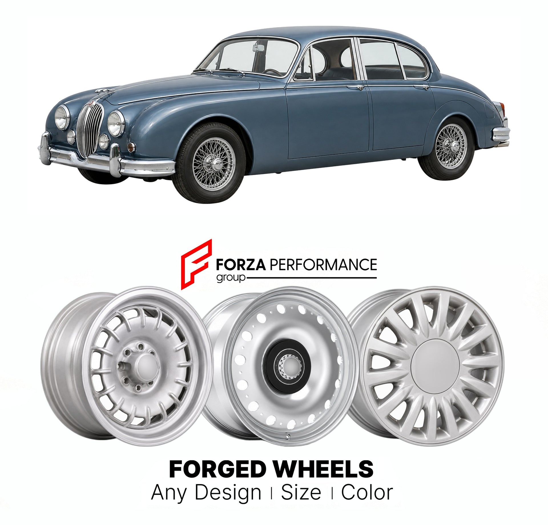 CUSTOM CLASSIC VINTAGE RESTOMOD RETRO OLD SCHOOL FORGED WHEELS RIMS for JAGUAR MK 2 3.8 1959 - 1967

Custom forged wheels for Jaguar MK 2 3.8 1959 - 1967. Classic, vintage, restomod wheel designs made to order in custom sizes, offsets, colors and finishes.

We manufacture premium quality forged wheels rims for Jaguar MK 2 3.8 1959 - 1967 in any design, size, color.

THIS WHEEL DESIGN CAN BE CUSTOM-MADE FOR YOUR CAR IN ANY SIZE AND COLOR OPTIONS
Available in monoblock, 2-piece, 3-piece, duoblock, beadlock
3D