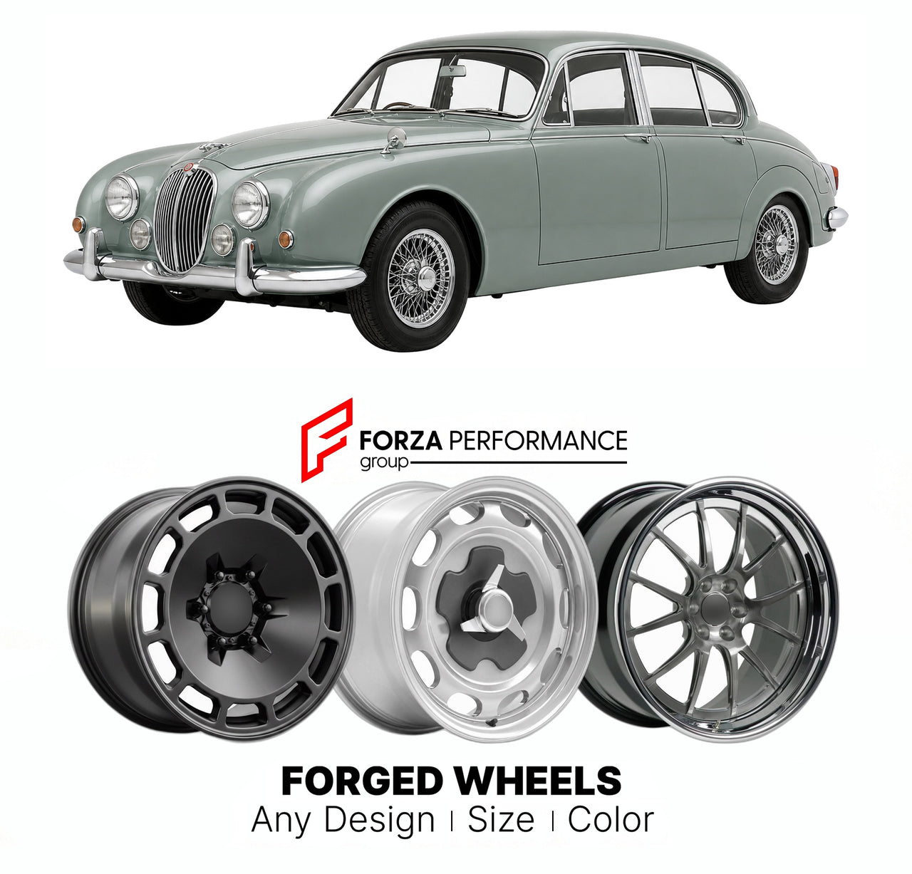 CUSTOM CLASSIC VINTAGE RESTOMOD RETRO OLD SCHOOL FORGED WHEELS RIMS for JAGUAR MK II 3.4 LITRE 1959 - 1967

Custom forged wheels for Jaguar MK II 3.4 Litre 1959 - 1967. Classic, vintage, restomod wheel designs made to order in custom sizes, offsets, colors and finishes.

We manufacture premium quality forged wheels rims for Jaguar MK II 3.4 Litre 1959 - 1967 in any design, size, color.

THIS WHEEL DESIGN CAN BE CUSTOM-MADE FOR YOUR CAR IN ANY SIZE AND COLOR OPTIONS
Available in monoblock, 2-piece, 3-piece, 