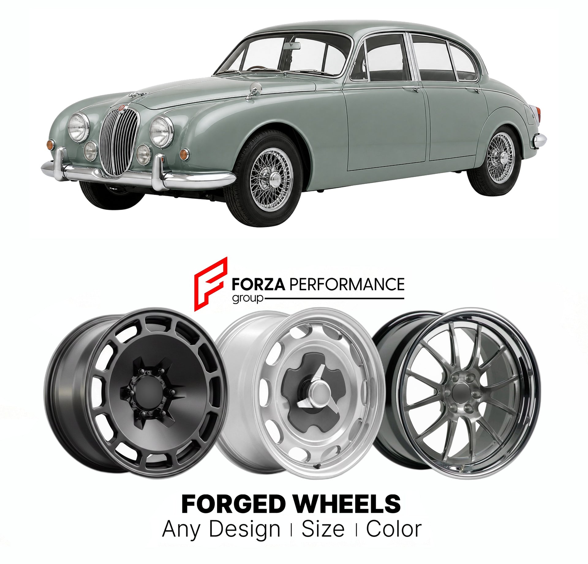 CUSTOM CLASSIC VINTAGE RESTOMOD RETRO OLD SCHOOL FORGED WHEELS RIMS for JAGUAR MK II 3.4 LITRE 1959 - 1967

Custom forged wheels for Jaguar MK II 3.4 Litre 1959 - 1967. Classic, vintage, restomod wheel designs made to order in custom sizes, offsets, colors and finishes.

We manufacture premium quality forged wheels rims for Jaguar MK II 3.4 Litre 1959 - 1967 in any design, size, color.

THIS WHEEL DESIGN CAN BE CUSTOM-MADE FOR YOUR CAR IN ANY SIZE AND COLOR OPTIONS
Available in monoblock, 2-piece, 3-piece, 