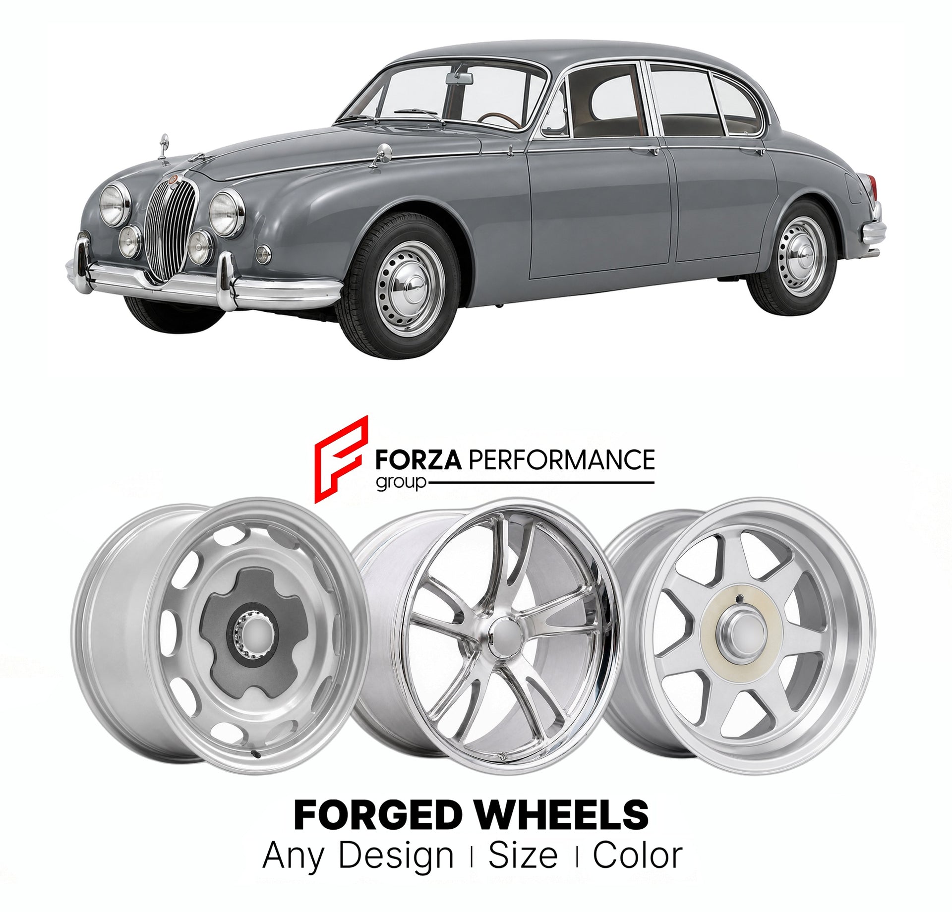 CUSTOM CLASSIC VINTAGE RESTOMOD RETRO OLD SCHOOL FORGED WHEELS RIMS for JAGUAR MK II 3.8 1959 - 1967

Custom forged wheels for Jaguar MK II 3.8 1959 - 1967. Classic, vintage, restomod wheel designs made to order in custom sizes, offsets, colors and finishes.

We manufacture premium quality forged wheels rims for Jaguar MK II 3.8 1959 - 1967 in any design, size, color.

THIS WHEEL DESIGN CAN BE CUSTOM-MADE FOR YOUR CAR IN ANY SIZE AND COLOR OPTIONS
Available in monoblock, 2-piece, 3-piece, duoblock, beadlock