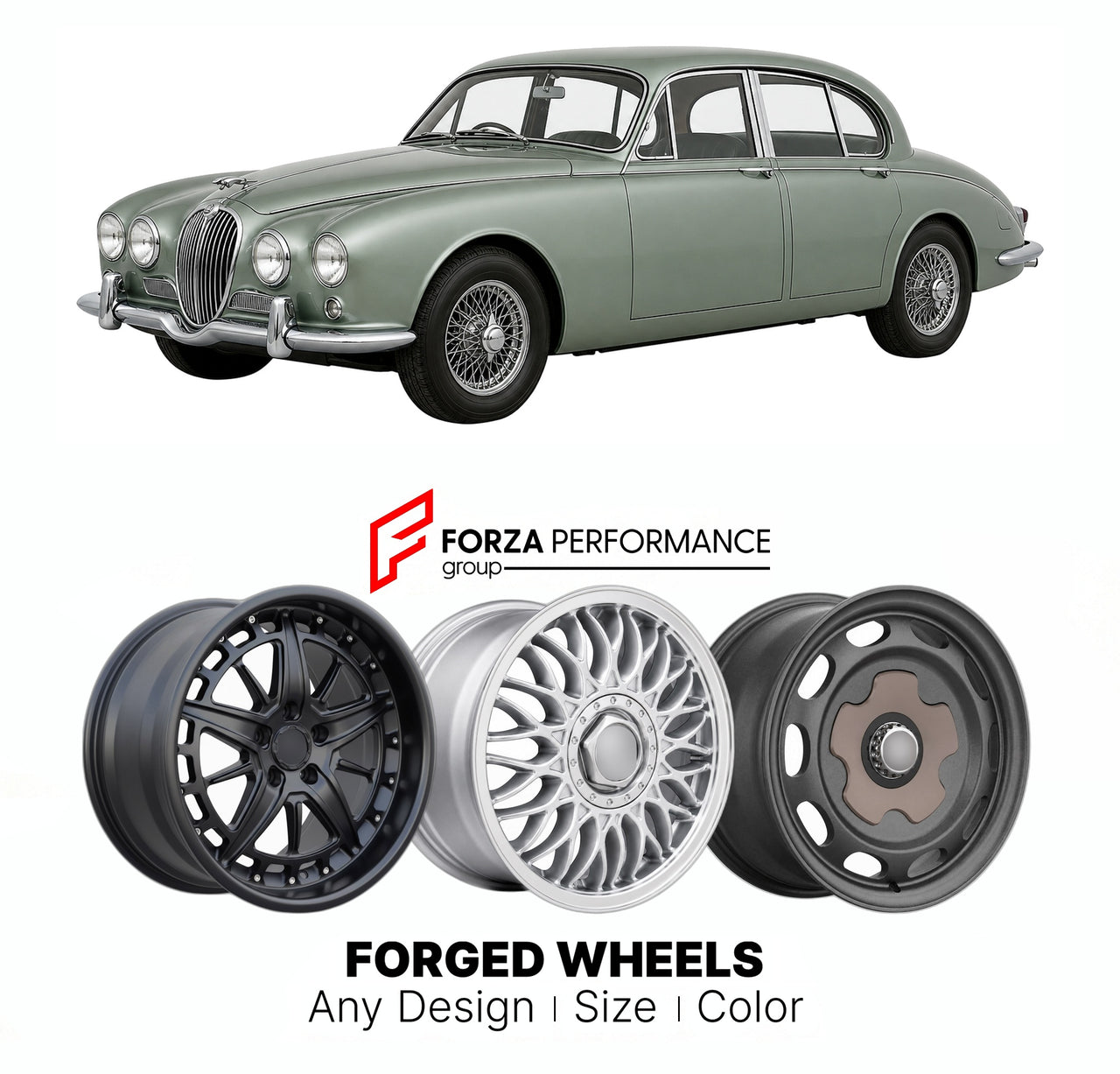 CUSTOM CLASSIC VINTAGE RESTOMOD RETRO OLD SCHOOL FORGED WHEELS RIMS for JAGUAR S-TYPE 3.4 3.8 1963 - 1968

Custom forged wheels for Jaguar S-Type 3.4 3.8 1963 - 1968. Classic, vintage, restomod wheel designs made to order in custom sizes, offsets, colors and finishes.

We manufacture premium quality forged wheels rims for Jaguar S-Type 3.4 3.8 1963 - 1968 in any design, size, color.

THIS WHEEL DESIGN CAN BE CUSTOM-MADE FOR YOUR CAR IN ANY SIZE AND COLOR OPTIONS
Available in monoblock, 2-piece, 3-piece, duo