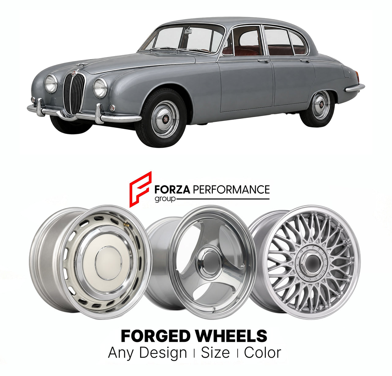 CUSTOM CLASSIC VINTAGE RESTOMOD RETRO OLD SCHOOL FORGED WHEELS RIMS for JAGUAR S-TYPE 420 1963 - 1968

Custom forged wheels for Jaguar S-Type 420 1963 - 1968. Classic, vintage, restomod wheel designs made to order in custom sizes, offsets, colors and finishes.

We manufacture premium quality forged wheels rims for Jaguar S-Type 420 1963 - 1968 in any design, size, color.

THIS WHEEL DESIGN CAN BE CUSTOM-MADE FOR YOUR CAR IN ANY SIZE AND COLOR OPTIONS
Available in monoblock, 2-piece, 3-piece, duoblock, beadl