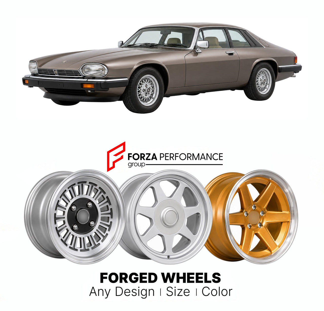 CUSTOM CLASSIC VINTAGE RESTOMOD RETRO OLD SCHOOL FORGED WHEELS RIMS for JAGUAR XJS 3.6 COUPE AJ6 1983 - 1991

Custom forged wheels for Jaguar XJS 3.6 Coupe AJ6 1983 - 1991. Classic, vintage, restomod wheel designs made to order in custom sizes, offsets, colors and finishes.

We manufacture premium quality forged wheels rims for Jaguar XJS 3.6 Coupe AJ6 1983 - 1991 in any design, size, color.

THIS WHEEL DESIGN CAN BE CUSTOM-MADE FOR YOUR CAR IN ANY SIZE AND COLOR OPTIONS
Available in monoblock, 2-piece, 3-p