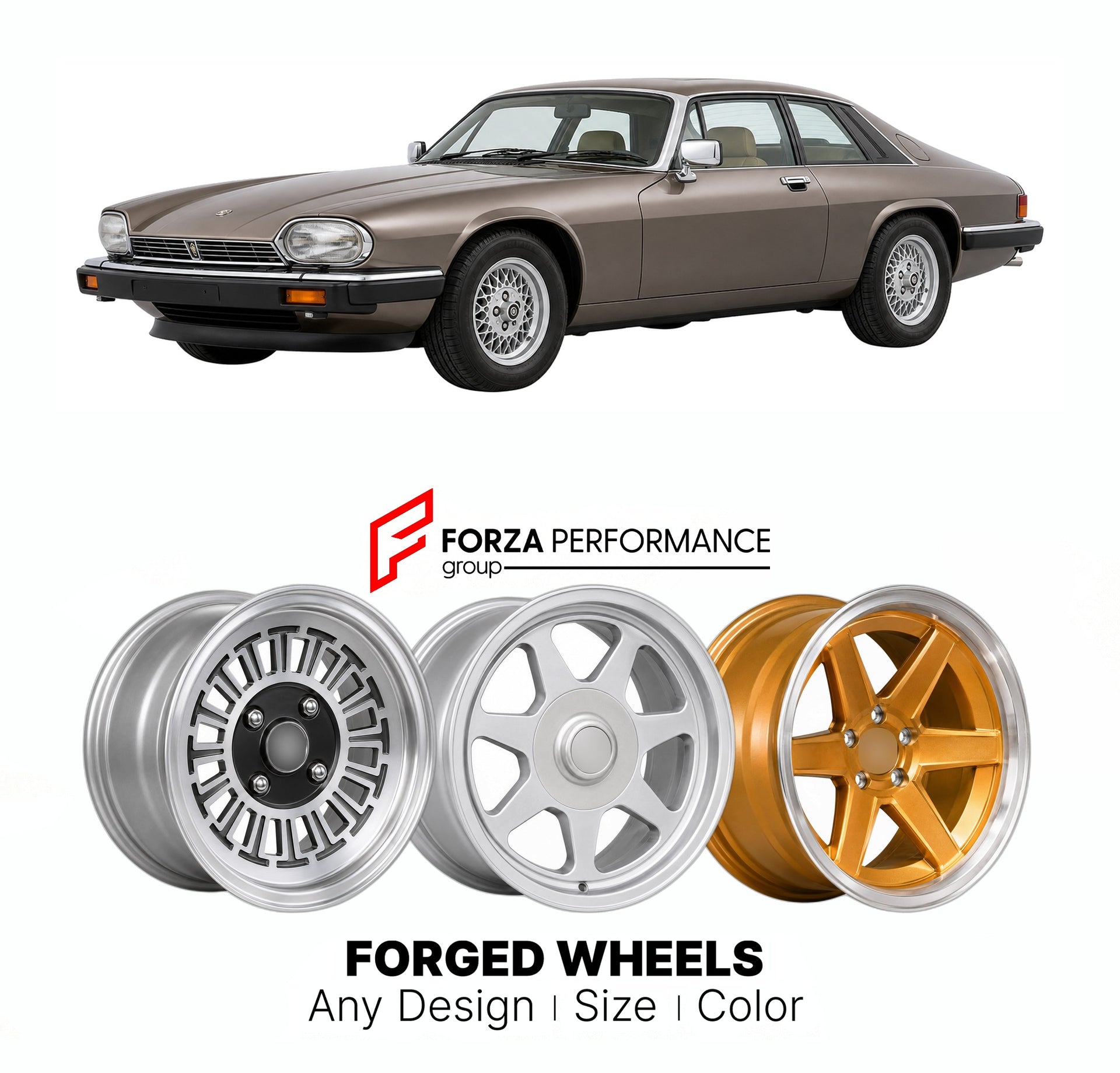 CUSTOM CLASSIC VINTAGE RESTOMOD RETRO OLD SCHOOL FORGED WHEELS RIMS for JAGUAR XJS 3.6 COUPE AJ6 1983 - 1991

Custom forged wheels for Jaguar XJS 3.6 Coupe AJ6 1983 - 1991. Classic, vintage, restomod wheel designs made to order in custom sizes, offsets, colors and finishes.

We manufacture premium quality forged wheels rims for Jaguar XJS 3.6 Coupe AJ6 1983 - 1991 in any design, size, color.

THIS WHEEL DESIGN CAN BE CUSTOM-MADE FOR YOUR CAR IN ANY SIZE AND COLOR OPTIONS
Available in monoblock, 2-piece, 3-p