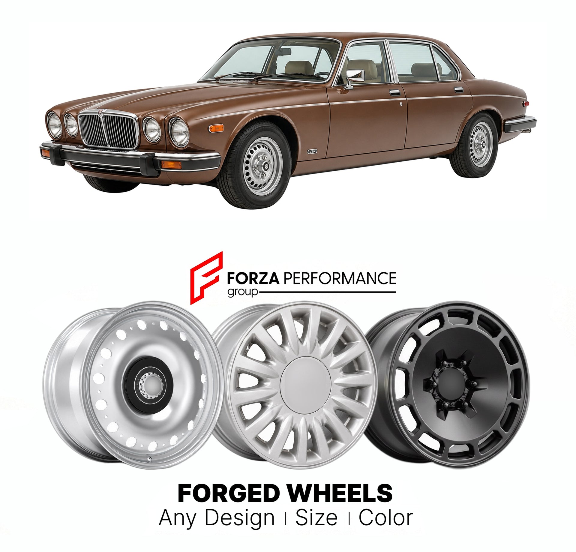 CUSTOM CLASSIC VINTAGE RESTOMOD RETRO OLD SCHOOL FORGED WHEELS RIMS for JAGUAR XJ SERIES III 1979 - 1992

Custom forged wheels for Jaguar XJ Series III 1979 - 1992. Classic, vintage, restomod wheel designs made to order in custom sizes, offsets, colors and finishes.

We manufacture premium quality forged wheels rims for Jaguar XJ Series III 1979 - 1992 in any design, size, color.

THIS WHEEL DESIGN CAN BE CUSTOM-MADE FOR YOUR CAR IN ANY SIZE AND COLOR OPTIONS
Available in monoblock, 2-piece, 3-piece, duoblo