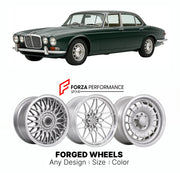 CUSTOM CLASSIC VINTAGE RESTOMOD RETRO OLD SCHOOL FORGED WHEELS RIMS for JAGUAR XJ SERIES II 1973 - 1979

Custom forged wheels for Jaguar XJ Series II 1973 - 1979. Classic, vintage, restomod wheel designs made to order in custom sizes, offsets, colors and finishes.

We manufacture premium quality forged wheels rims for Jaguar XJ Series II 1973 - 1979 in any design, size, color.

THIS WHEEL DESIGN CAN BE CUSTOM-MADE FOR YOUR CAR IN ANY SIZE AND COLOR OPTIONS
Available in monoblock, 2-piece, 3-piece, duoblock,
