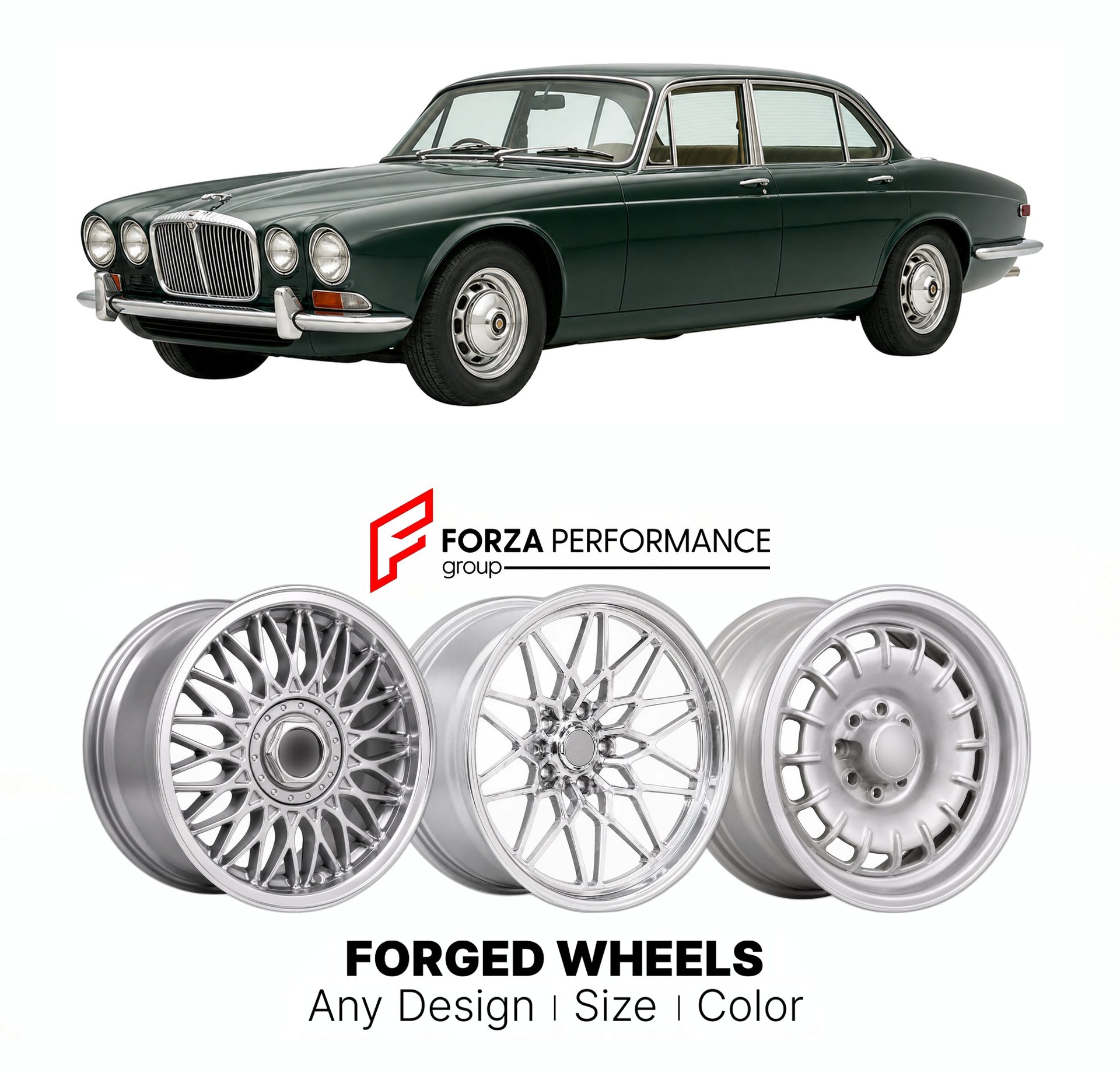 CUSTOM CLASSIC VINTAGE RESTOMOD RETRO OLD SCHOOL FORGED WHEELS RIMS for JAGUAR XJ SERIES II 1973 - 1979

Custom forged wheels for Jaguar XJ Series II 1973 - 1979. Classic, vintage, restomod wheel designs made to order in custom sizes, offsets, colors and finishes.

We manufacture premium quality forged wheels rims for Jaguar XJ Series II 1973 - 1979 in any design, size, color.

THIS WHEEL DESIGN CAN BE CUSTOM-MADE FOR YOUR CAR IN ANY SIZE AND COLOR OPTIONS
Available in monoblock, 2-piece, 3-piece, duoblock,