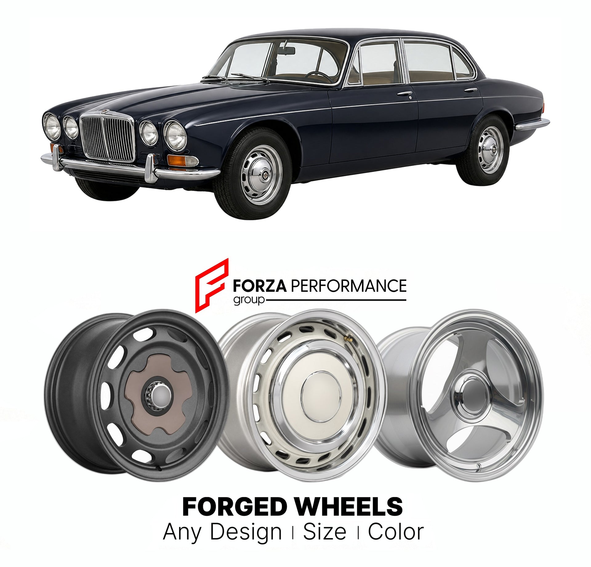 CUSTOM CLASSIC VINTAGE RESTOMOD RETRO OLD SCHOOL FORGED WHEELS RIMS for JAGUAR XJ SERIES I 1968 - 1973

Custom forged wheels for Jaguar XJ Series I 1968 - 1973. Classic, vintage, restomod wheel designs made to order in custom sizes, offsets, colors and finishes.

We manufacture premium quality forged wheels rims for Jaguar XJ Series I 1968 - 1973 in any design, size, color.

THIS WHEEL DESIGN CAN BE CUSTOM-MADE FOR YOUR CAR IN ANY SIZE AND COLOR OPTIONS
Available in monoblock, 2-piece, 3-piece, duoblock, be