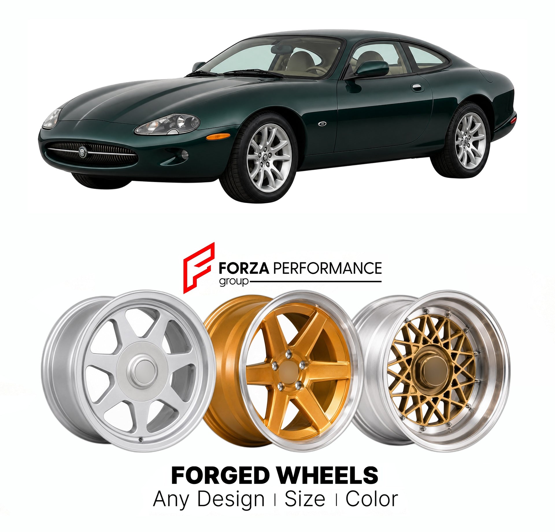 CUSTOM CLASSIC VINTAGE RESTOMOD RETRO OLD SCHOOL FORGED WHEELS RIMS for JAGUAR XK8 COUPE 1996 - 2006

Custom forged wheels for Jaguar XK8 Coupe 1996 - 2006. Classic, vintage, restomod wheel designs made to order in custom sizes, offsets, colors and finishes.

We manufacture premium quality forged wheels rims for Jaguar XK8 Coupe 1996 - 2006 in any design, size, color.

THIS WHEEL DESIGN CAN BE CUSTOM-MADE FOR YOUR CAR IN ANY SIZE AND COLOR OPTIONS
Available in monoblock, 2-piece, 3-piece, duoblock, beadlock