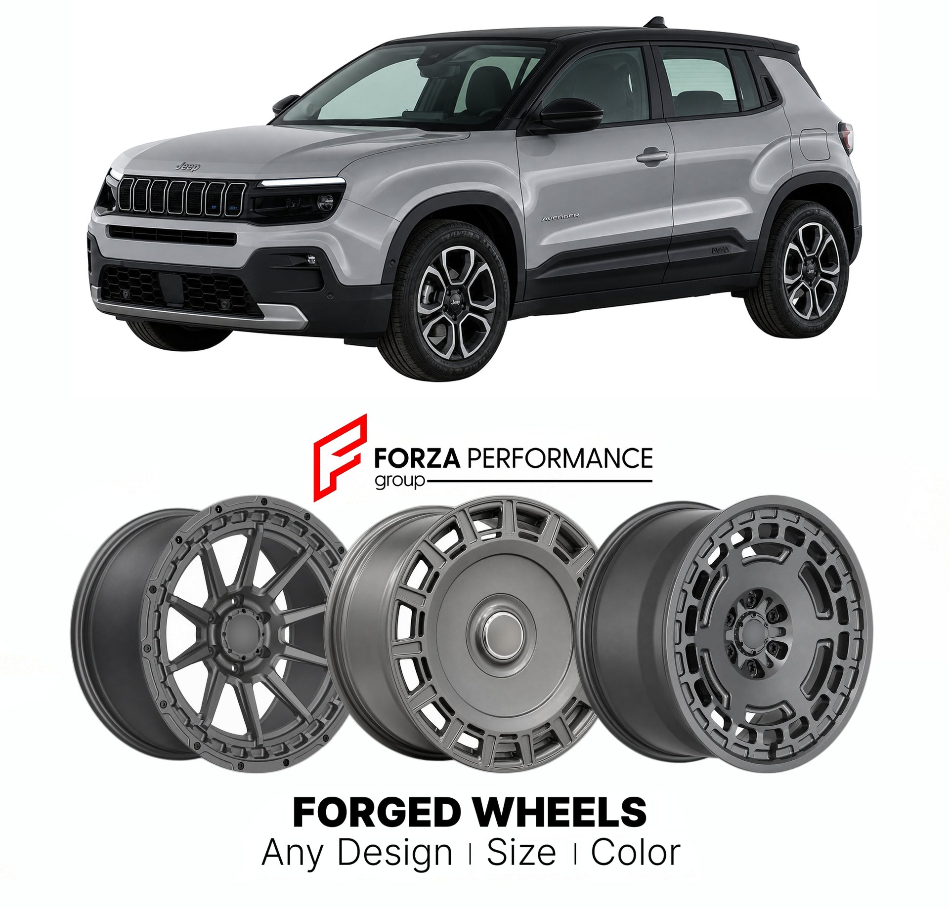 FORGED WHEELS RIMS for JEEP AVENGER EV B-SEGMENT SUV 2023+

Custom forged wheels for Jeep Avenger EV B-Segment SUV 2023+. Made-to-order monoblock, 2-piece and 3-piece rims in custom sizes, offsets, colors and finishes with guaranteed fitment.

We manufacture premium quality forged wheels rims for Jeep Avenger EV B-Segment SUV 2023+ in any design, size, color.

THIS WHEEL DESIGN CAN BE CUSTOM-MADE FOR YOUR CAR IN ANY SIZE AND COLOR OPTIONS
Available in monoblock, 2-piece, 3-piece, duoblock, beadlock
3D wheel