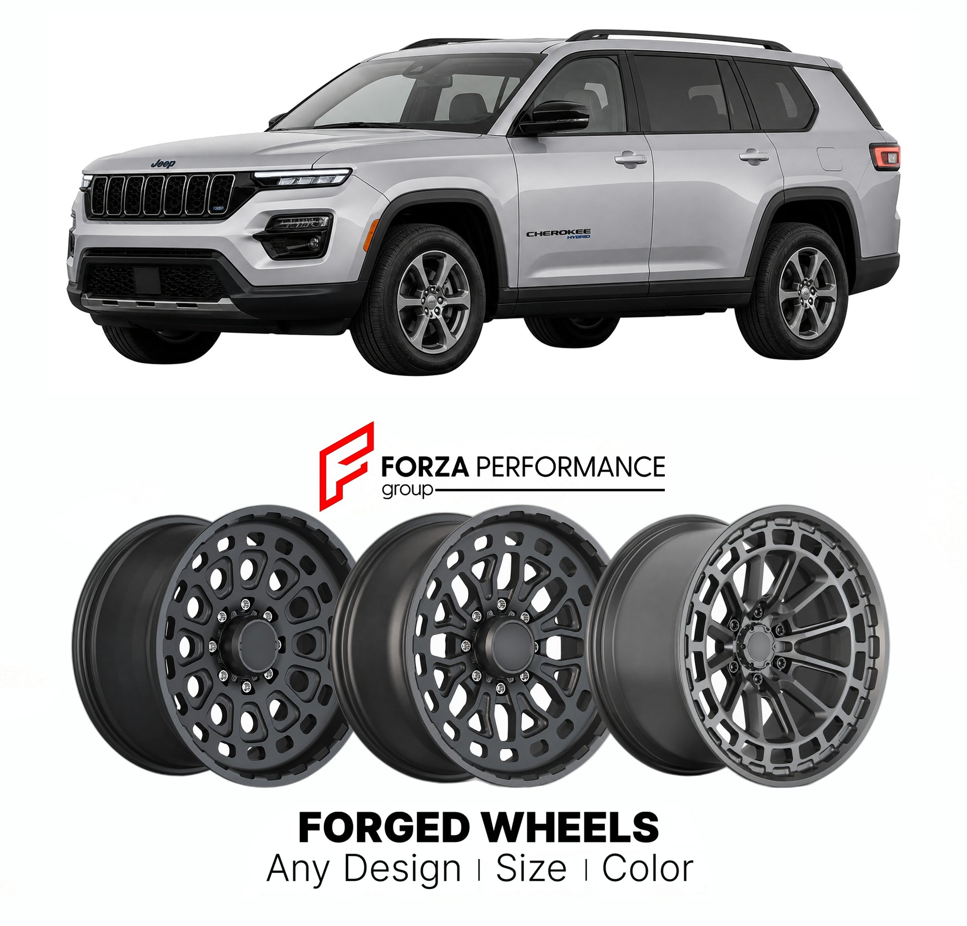 FORGED WHEELS RIMS for JEEP CHEROKEE HYBRID 2026+

Custom forged wheels for Jeep Cherokee Hybrid 2026+. Made-to-order monoblock, 2-piece and 3-piece rims in custom sizes, offsets, colors and finishes with guaranteed fitment.

We manufacture premium quality forged wheels rims for Jeep Cherokee Hybrid 2026+ in any design, size, color.

THIS WHEEL DESIGN CAN BE CUSTOM-MADE FOR YOUR CAR IN ANY SIZE AND COLOR OPTIONS
Available in monoblock, 2-piece, 3-piece, duoblock, beadlock
3D wheel renderings are provided ac
