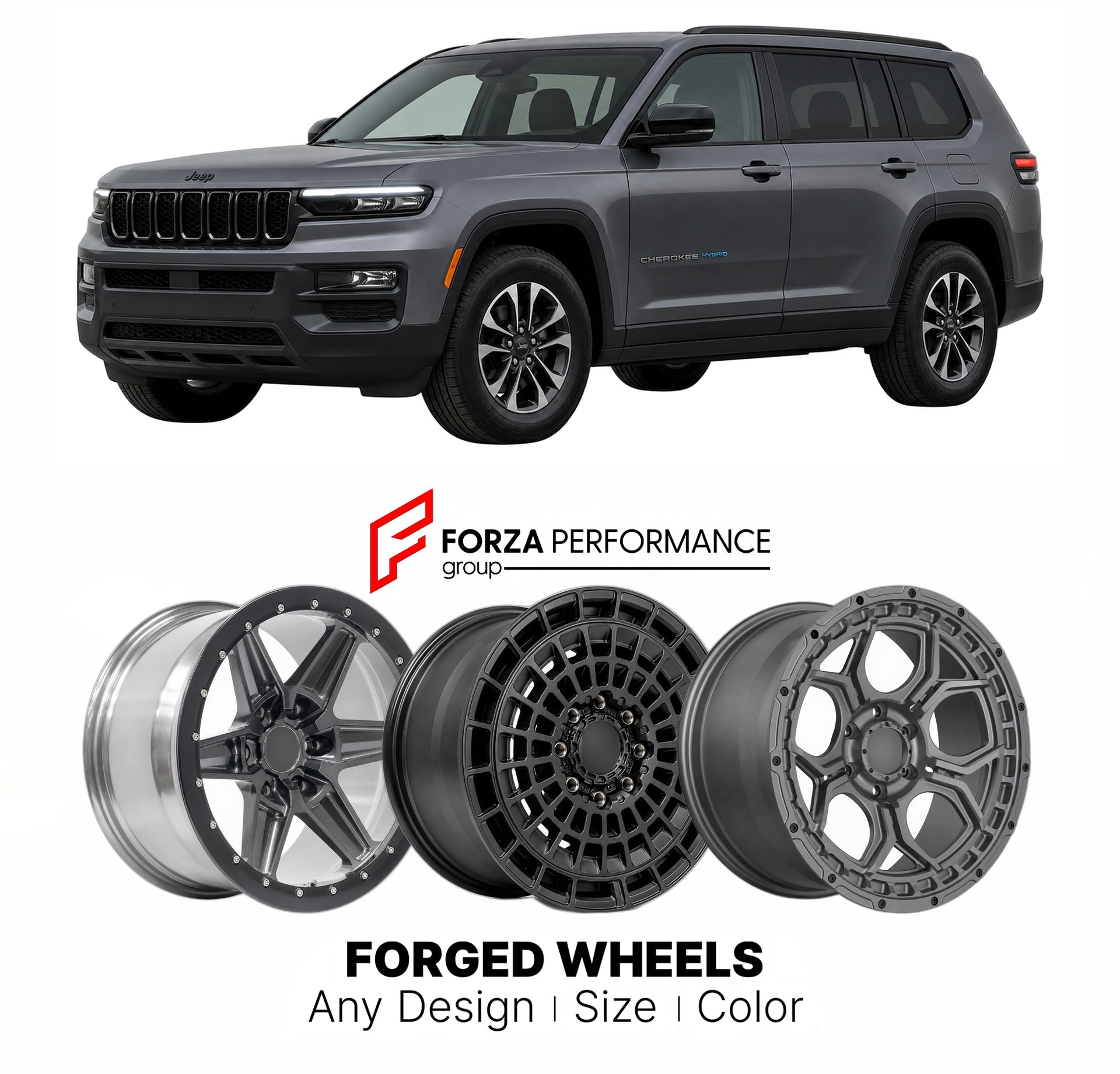 FORGED WHEELS RIMS for JEEP CHEROKEE HYBRID KM 2026+

Custom forged wheels for Jeep Cherokee Hybrid KM 2026+. Made-to-order monoblock, 2-piece and 3-piece rims in custom sizes, offsets, colors and finishes with guaranteed fitment.

We manufacture premium quality forged wheels rims for Jeep Cherokee Hybrid KM 2026+ in any design, size, color.

THIS WHEEL DESIGN CAN BE CUSTOM-MADE FOR YOUR CAR IN ANY SIZE AND COLOR OPTIONS
Available in monoblock, 2-piece, 3-piece, duoblock, beadlock
3D wheel renderings are pr