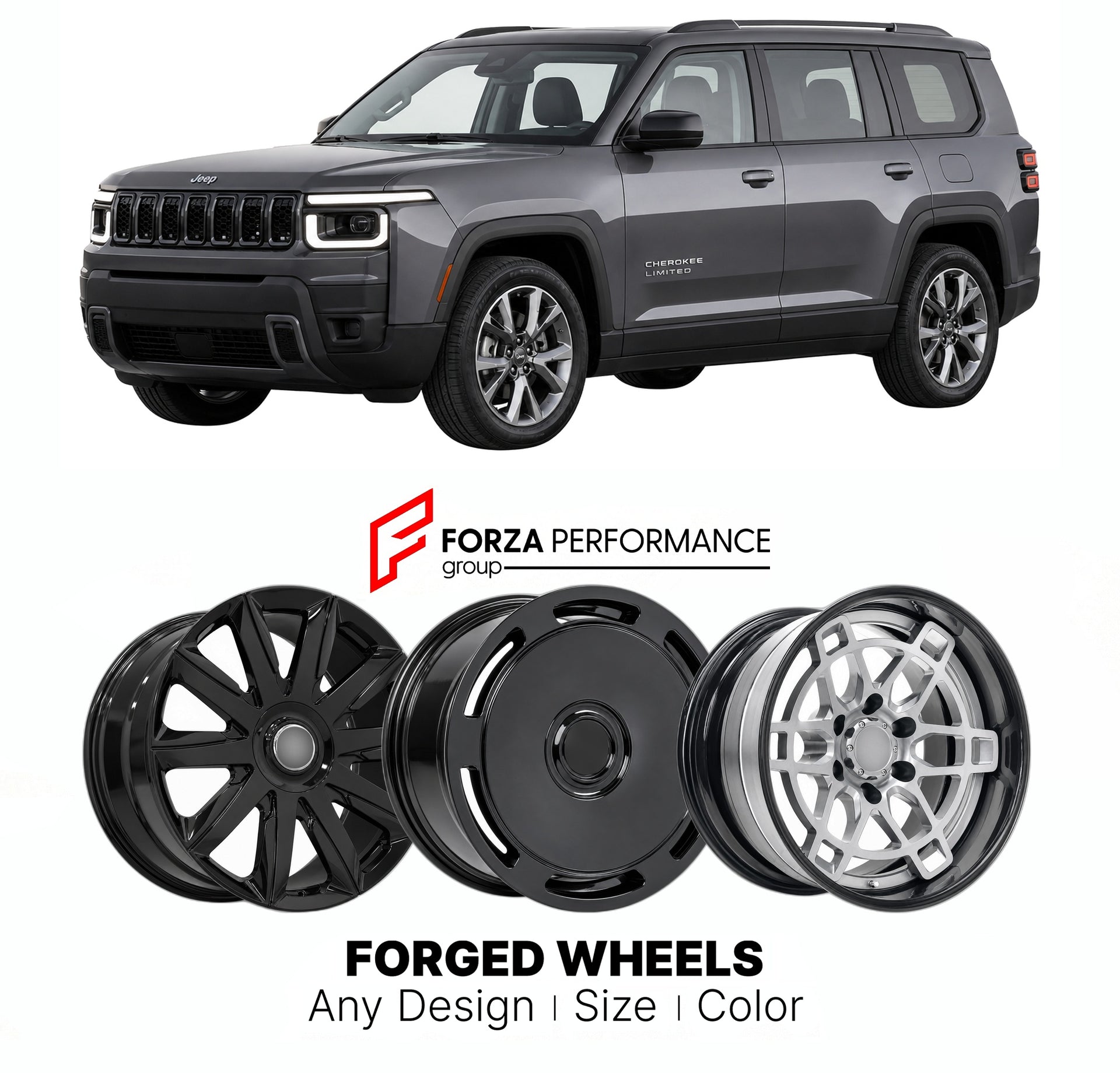 FORGED WHEELS RIMS for JEEP CHEROKEE LIMITED KM 2026+

Custom forged wheels for Jeep Cherokee Limited KM 2026+. Made-to-order monoblock, 2-piece and 3-piece rims in custom sizes, offsets, colors and finishes with guaranteed fitment.

We manufacture premium quality forged wheels rims for Jeep Cherokee Limited KM 2026+ in any design, size, color.

THIS WHEEL DESIGN CAN BE CUSTOM-MADE FOR YOUR CAR IN ANY SIZE AND COLOR OPTIONS
Available in monoblock, 2-piece, 3-piece, duoblock, beadlock
3D wheel renderings are