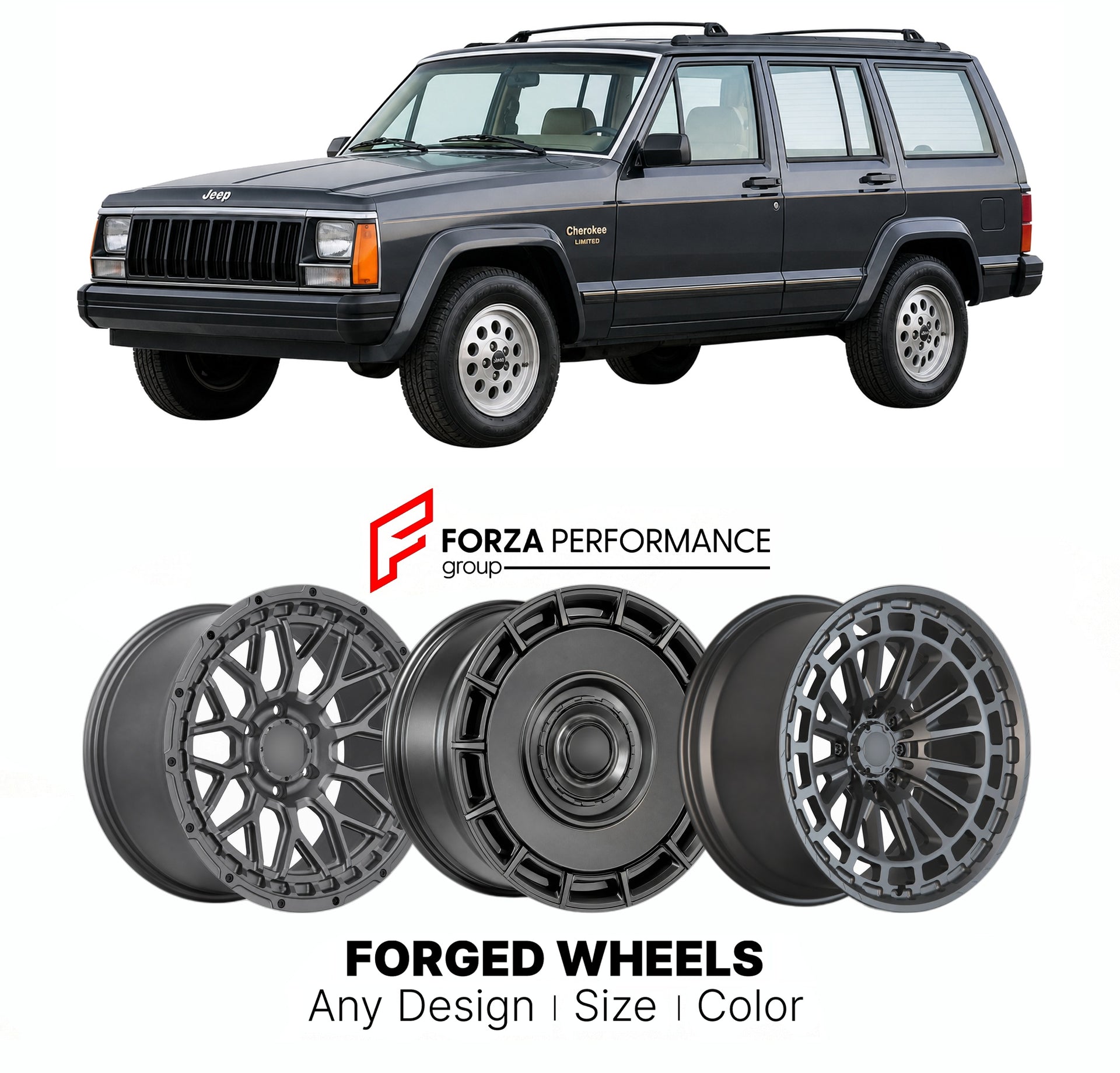 FORGED WHEELS RIMS for JEEP CHEROKEE LIMITED XJ 1990 - 2001

Custom forged wheels for Jeep Cherokee Limited XJ 1990 - 2001. Made-to-order monoblock, 2-piece and 3-piece rims in custom sizes, offsets, colors and finishes with guaranteed fitment.

We manufacture premium quality forged wheels rims for Jeep Cherokee Limited XJ 1990 - 2001 in any design, size, color.

THIS WHEEL DESIGN CAN BE CUSTOM-MADE FOR YOUR CAR IN ANY SIZE AND COLOR OPTIONS
Available in monoblock, 2-piece, 3-piece, duoblock, beadlock
3D wh
