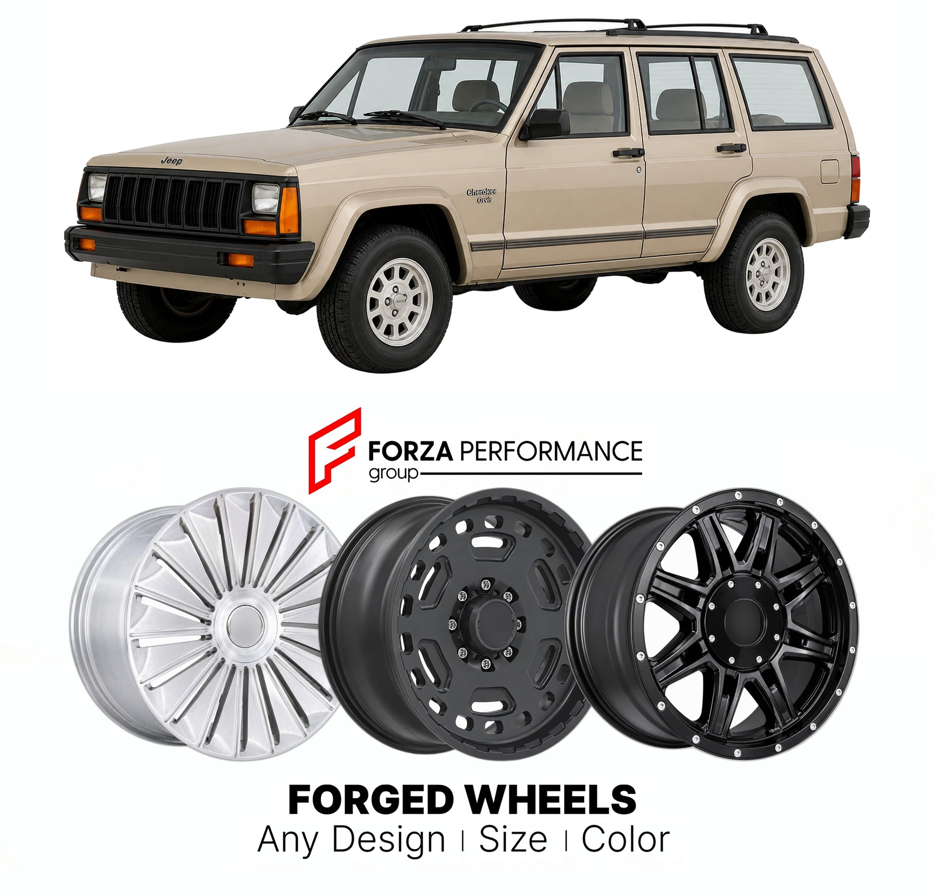 FORGED WHEELS RIMS for JEEP CHEROKEE ORVIS XJ 1990 - 2001

Custom forged wheels for Jeep Cherokee Orvis XJ 1990 - 2001. Made-to-order monoblock, 2-piece and 3-piece rims in custom sizes, offsets, colors and finishes with guaranteed fitment.

We manufacture premium quality forged wheels rims for Jeep Cherokee Orvis XJ 1990 - 2001 in any design, size, color.

THIS WHEEL DESIGN CAN BE CUSTOM-MADE FOR YOUR CAR IN ANY SIZE AND COLOR OPTIONS
Available in monoblock, 2-piece, 3-piece, duoblock, beadlock
3D wheel re