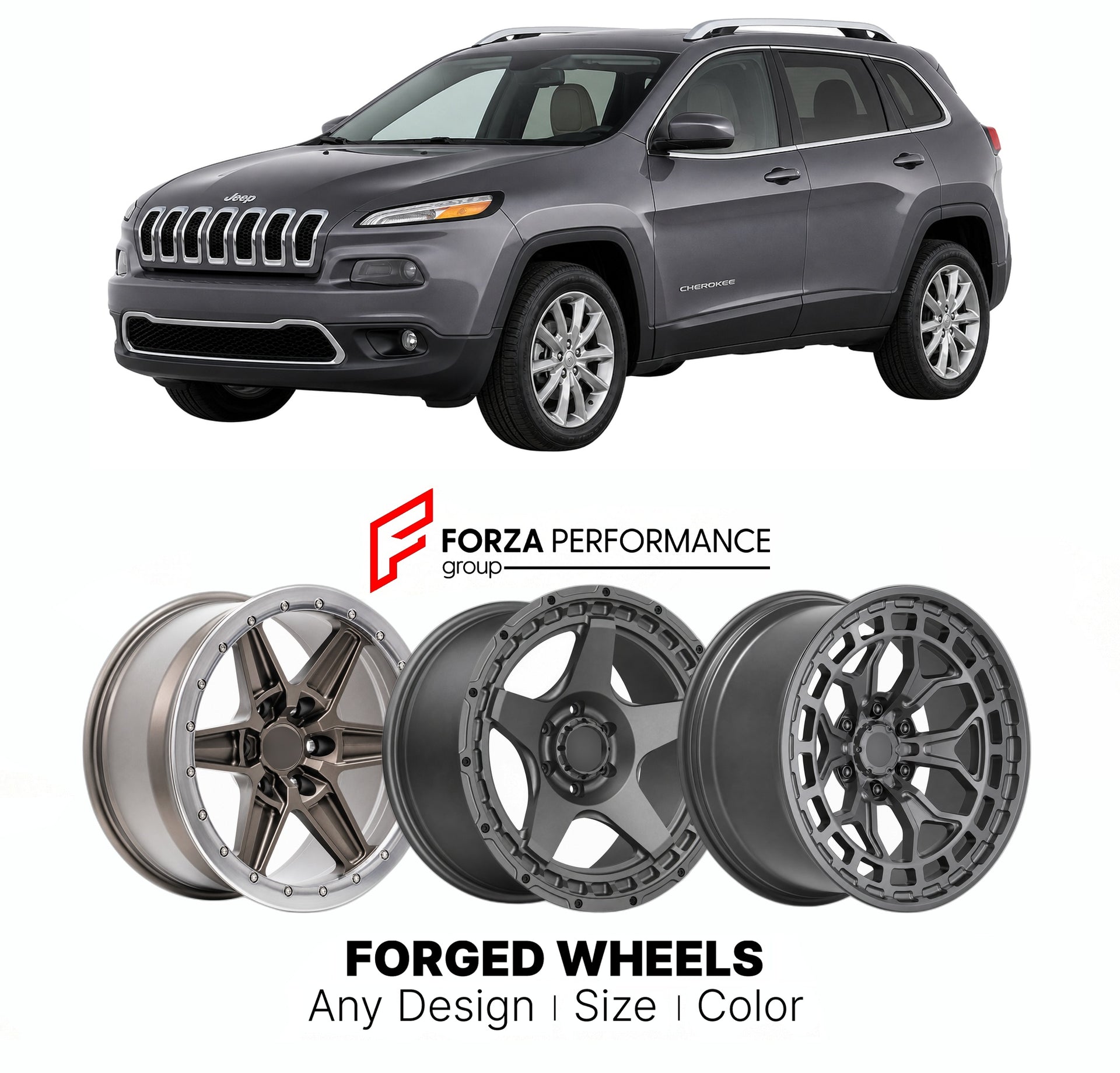 FORGED WHEELS RIMS for JEEP CHEROKEE OVERLAND KL 2014 - 2023

Custom forged wheels for Jeep Cherokee Overland KL 2014 - 2023. Made-to-order monoblock, 2-piece and 3-piece rims in custom sizes, offsets, colors and finishes with guaranteed fitment.

We manufacture premium quality forged wheels rims for Jeep Cherokee Overland KL 2014 - 2023 in any design, size, color.

THIS WHEEL DESIGN CAN BE CUSTOM-MADE FOR YOUR CAR IN ANY SIZE AND COLOR OPTIONS
Available in monoblock, 2-piece, 3-piece, duoblock, beadlock
3D