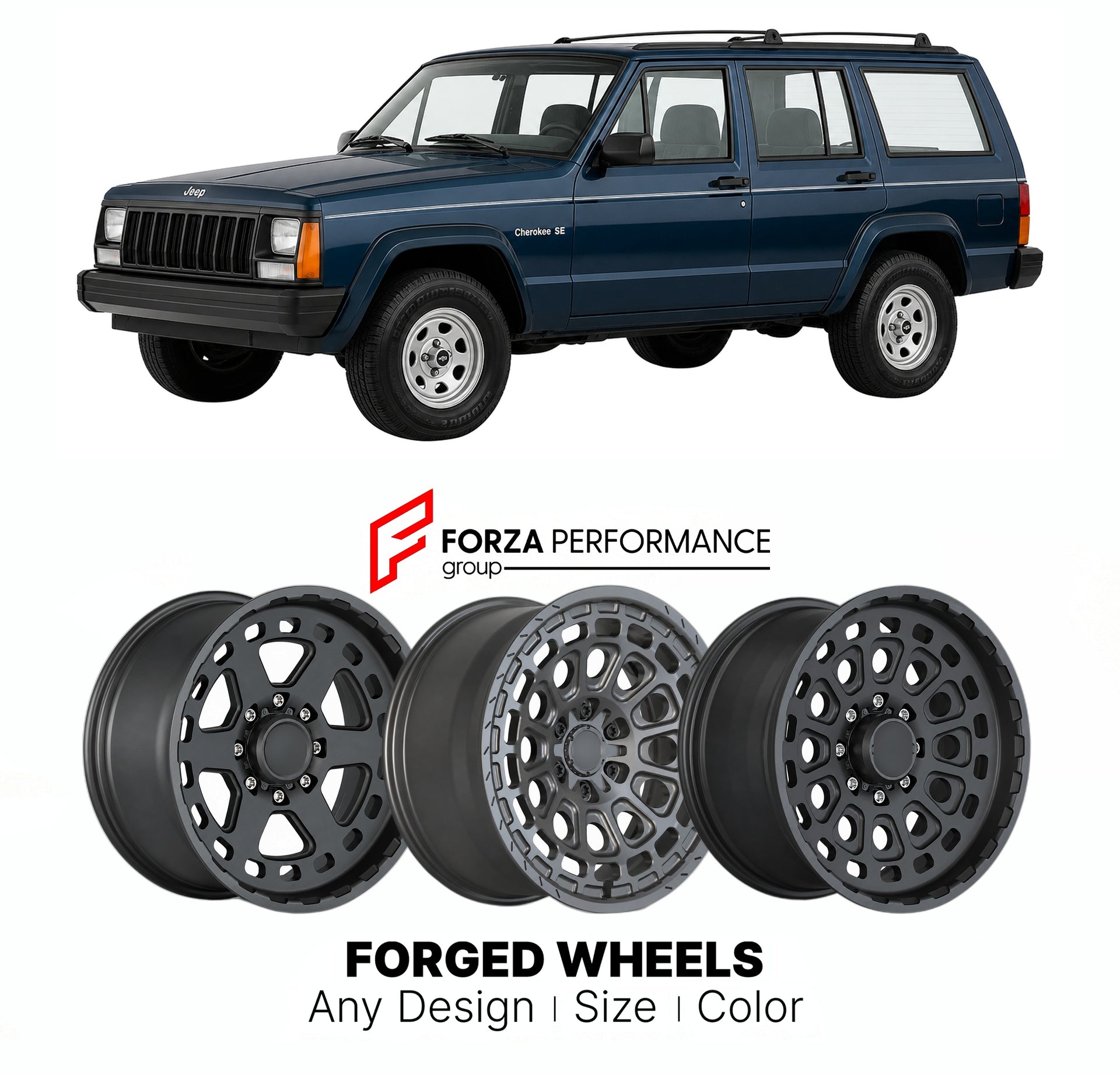 FORGED WHEELS RIMS for JEEP CHEROKEE SE XJ 1990 - 2001

Custom forged wheels for Jeep Cherokee SE XJ 1990 - 2001. Made-to-order monoblock, 2-piece and 3-piece rims in custom sizes, offsets, colors and finishes with guaranteed fitment.

We manufacture premium quality forged wheels rims for Jeep Cherokee SE XJ 1990 - 2001 in any design, size, color.

THIS WHEEL DESIGN CAN BE CUSTOM-MADE FOR YOUR CAR IN ANY SIZE AND COLOR OPTIONS
Available in monoblock, 2-piece, 3-piece, duoblock, beadlock
3D wheel renderings 